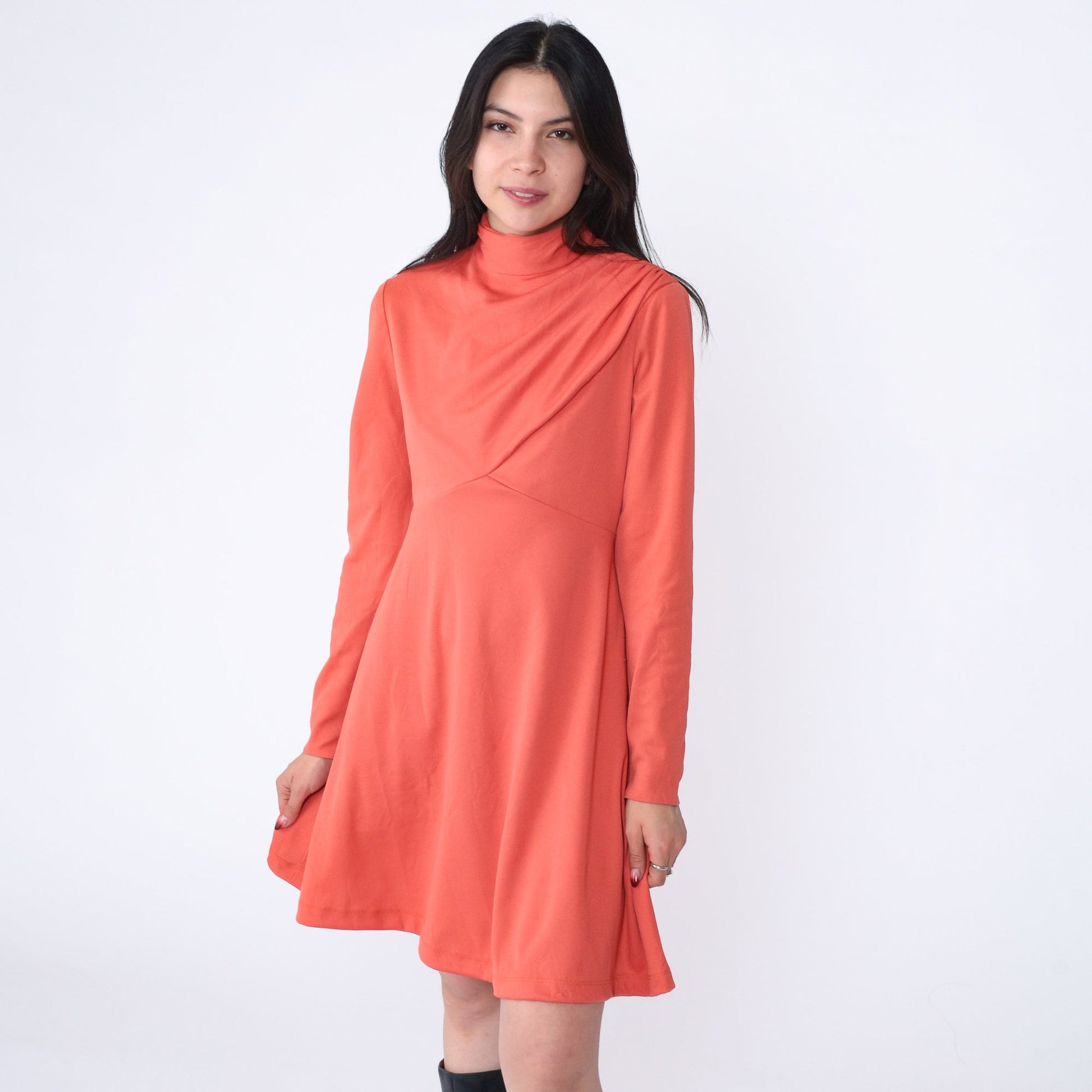 70s Orange Empire Waist Mock Neck Mini Dress Long Sleeve Medium