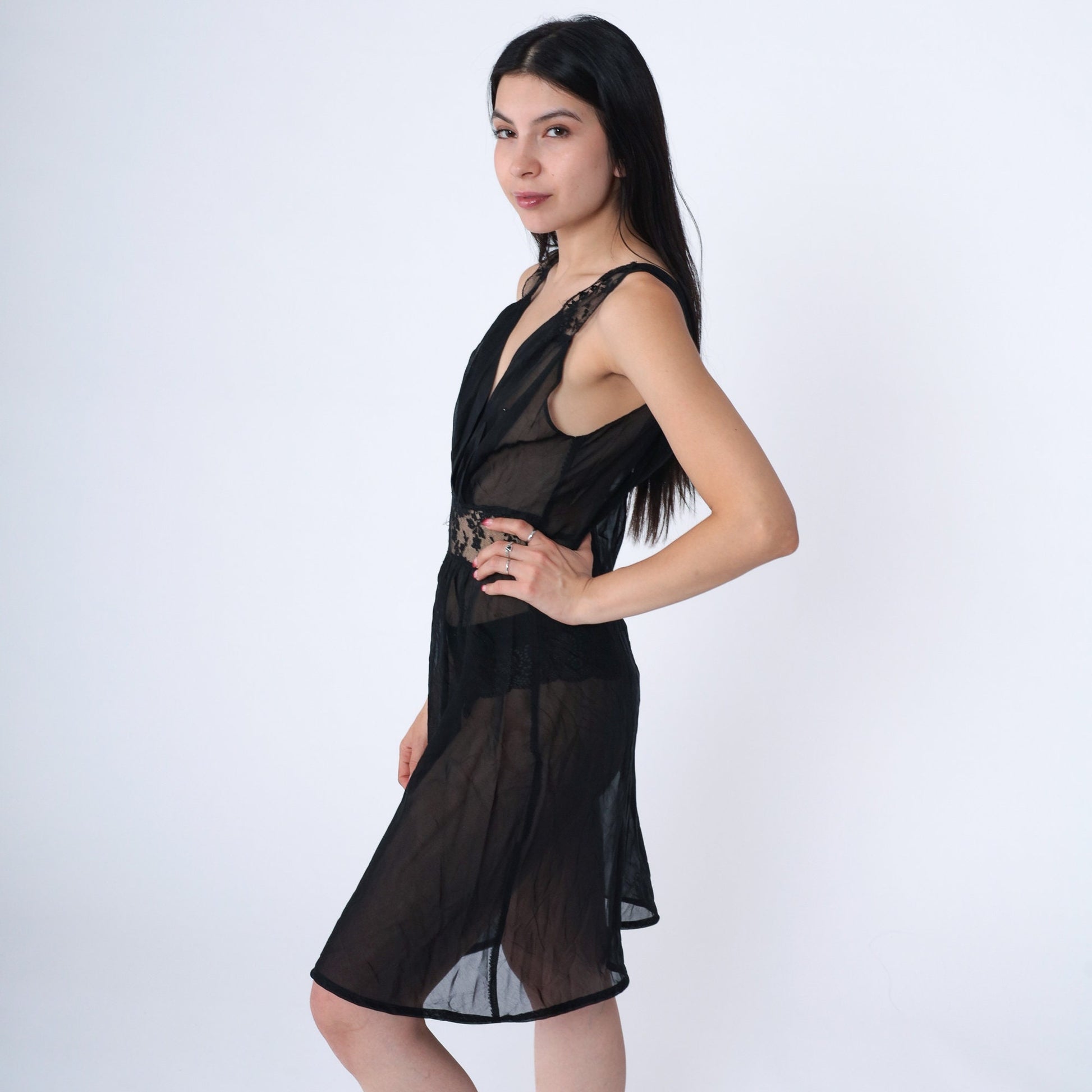 60s Black Lace Slip Dress Low V-Neck Nightgown Small S