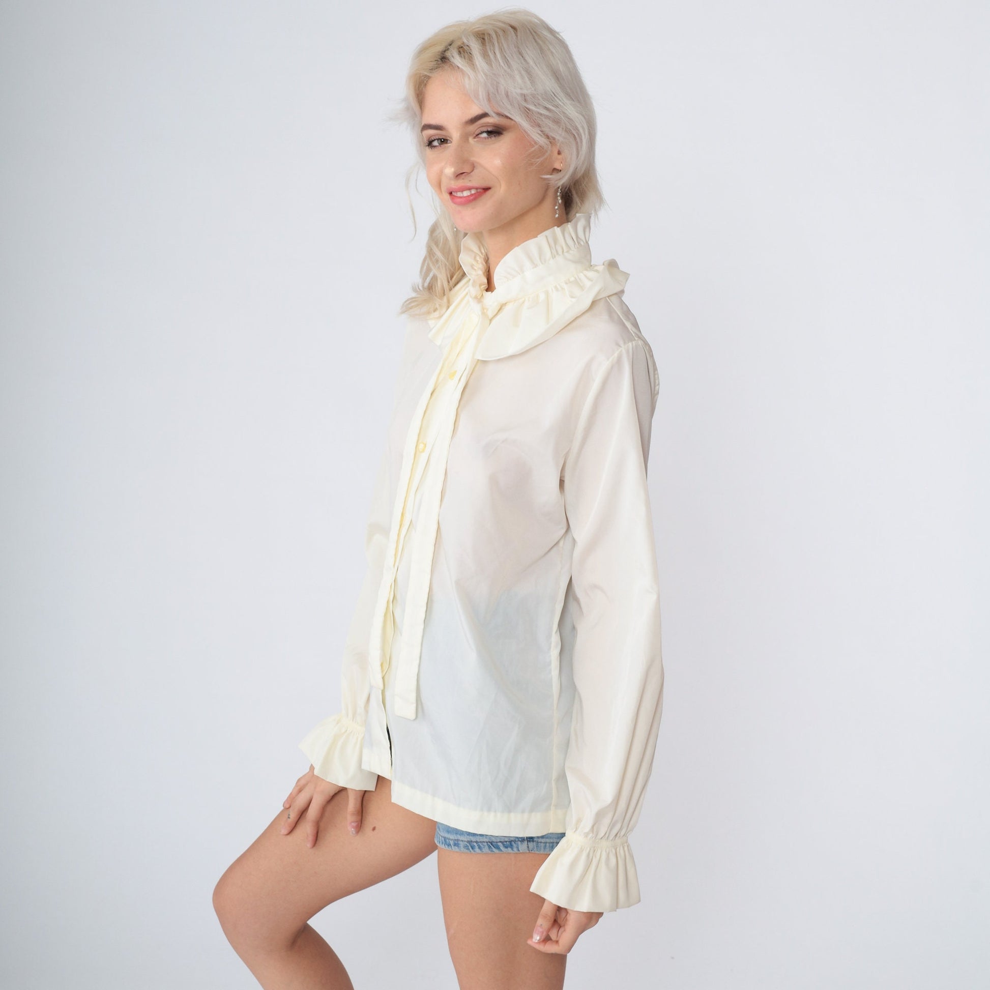 70s Ruffled Necktie Blouse Off-White High Neck Button-Up Long Sleeve Medium