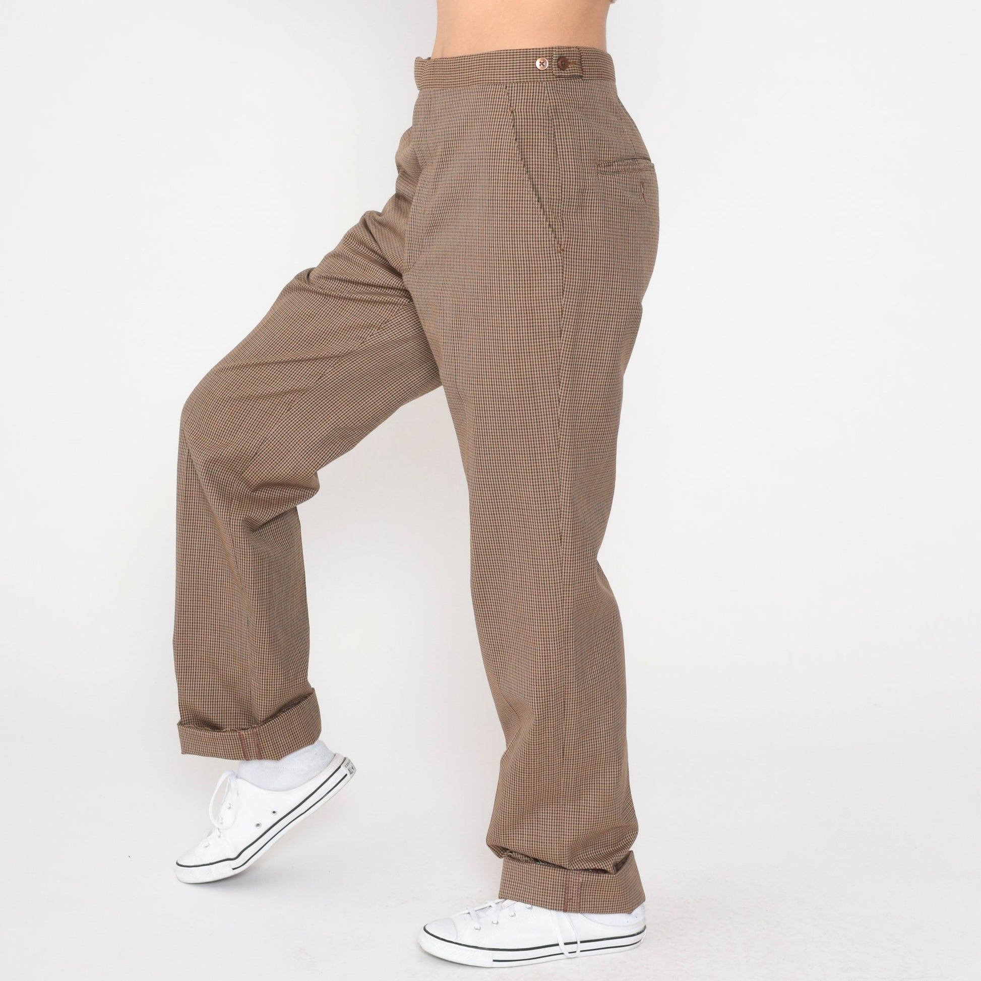 70s Brown Checkered High-Waisted Straight Leg Trousers Medium 29