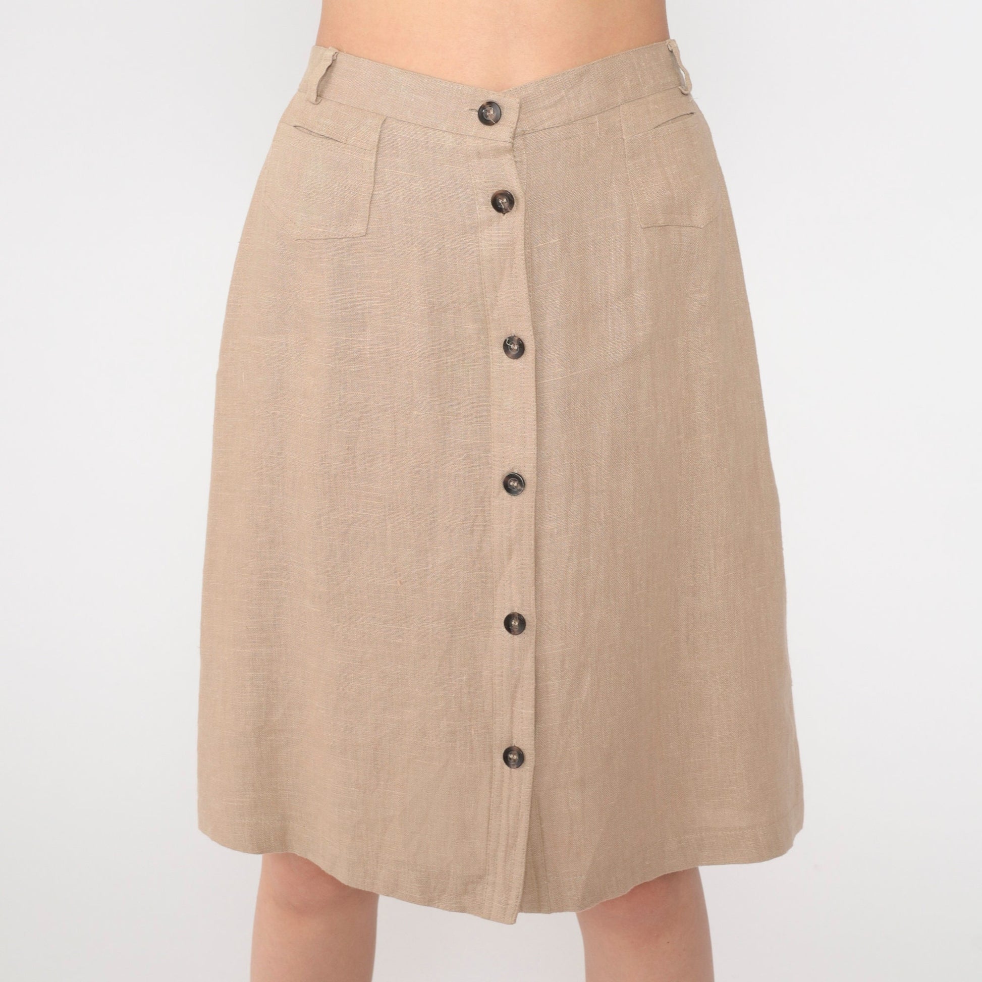 80s Harve Benard Linen Midi Skirt Tan Button Front High Waist Small