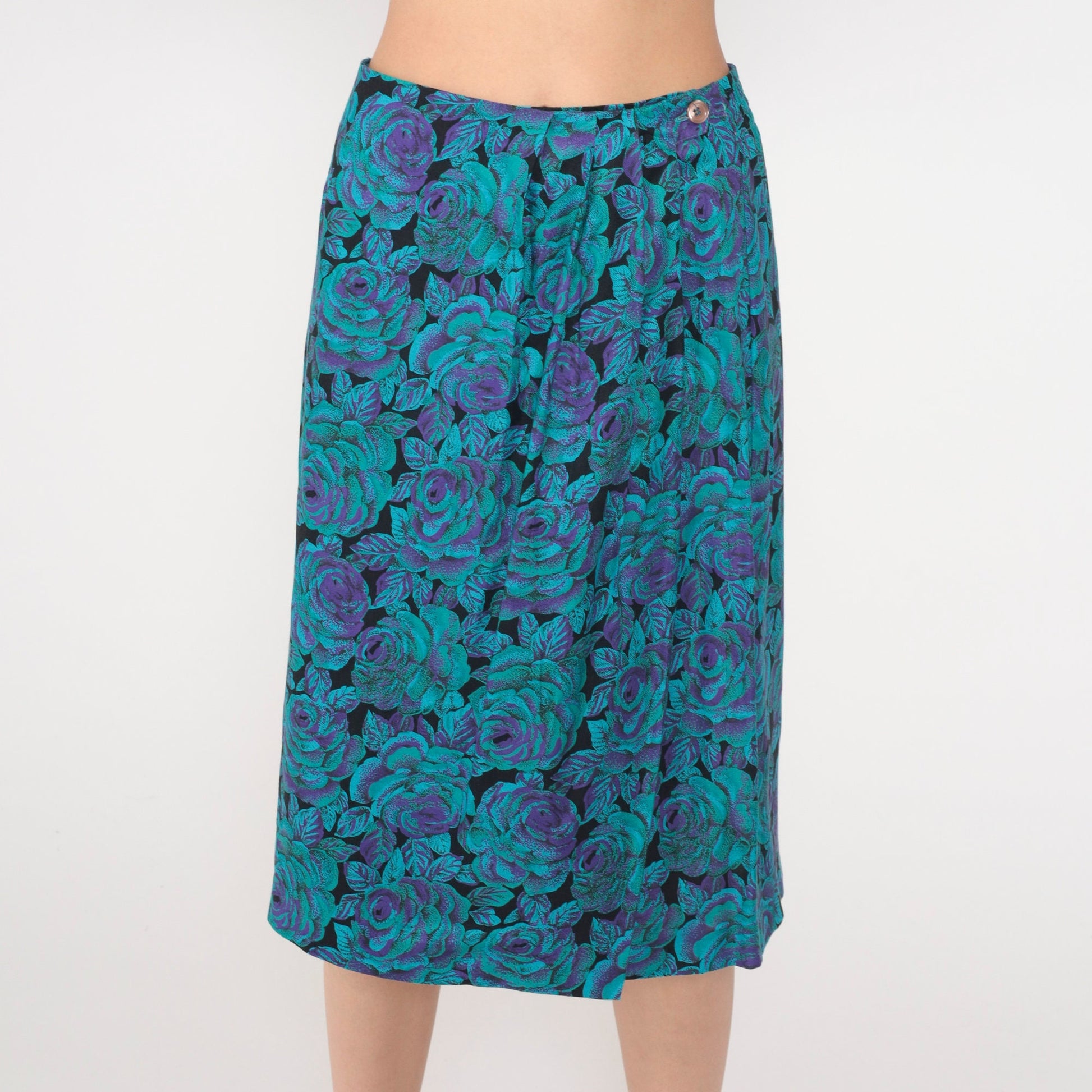 80s Floral Wrap Midi Skirt High Waist Purple Turquoise Rayon Small