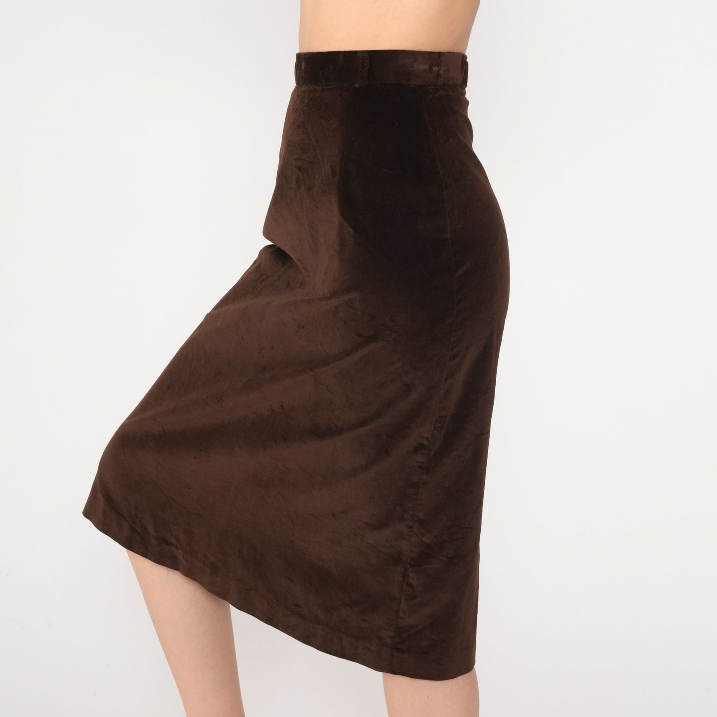 80s Brown Velvet Pencil Skirt High Waist Midi Extra Small XS