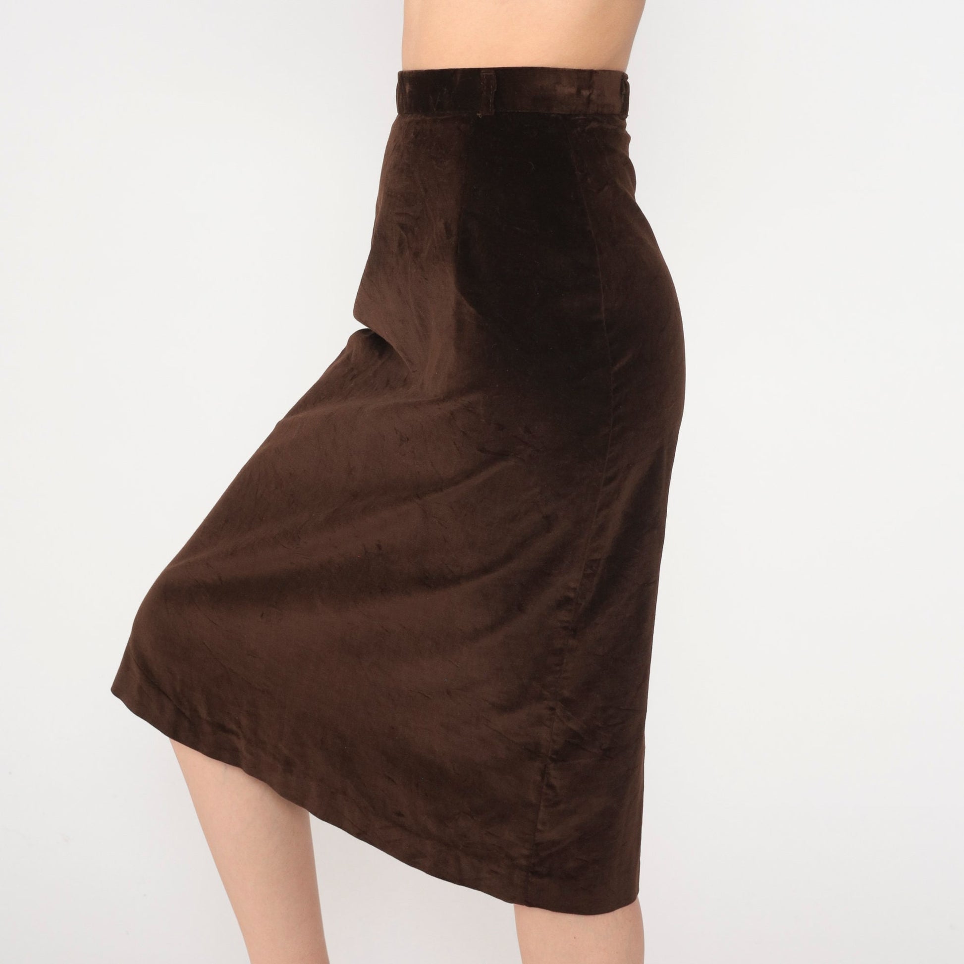 80s Brown Velvet Pencil Skirt High Waist Midi Extra Small XS