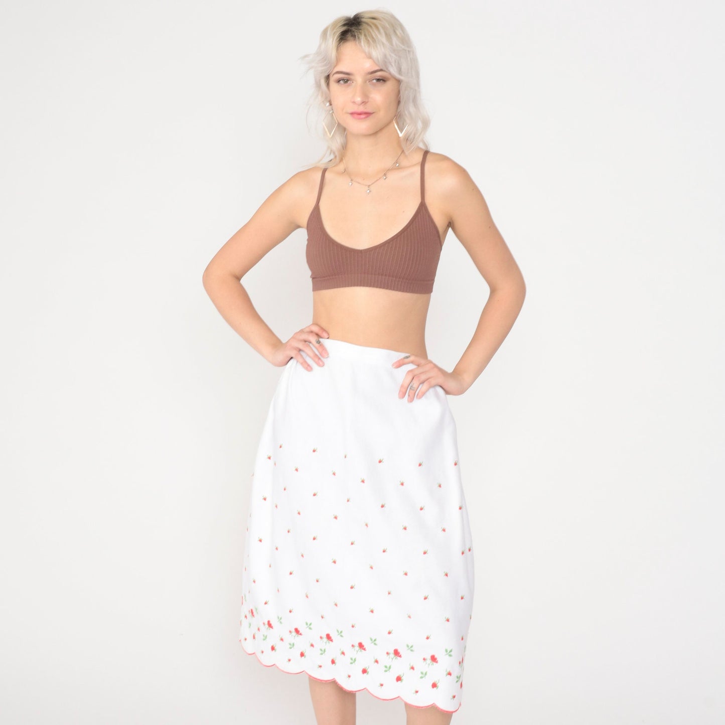 60s White Floral Embroidered Cotton Midi Skirt High Waisted Scalloped Small