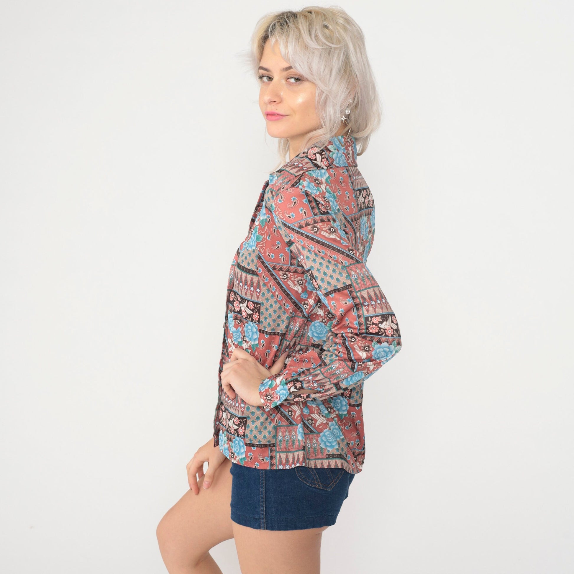 70s Bird Floral Blouse Pink Blue Dagger Collar Long Sleeve Small