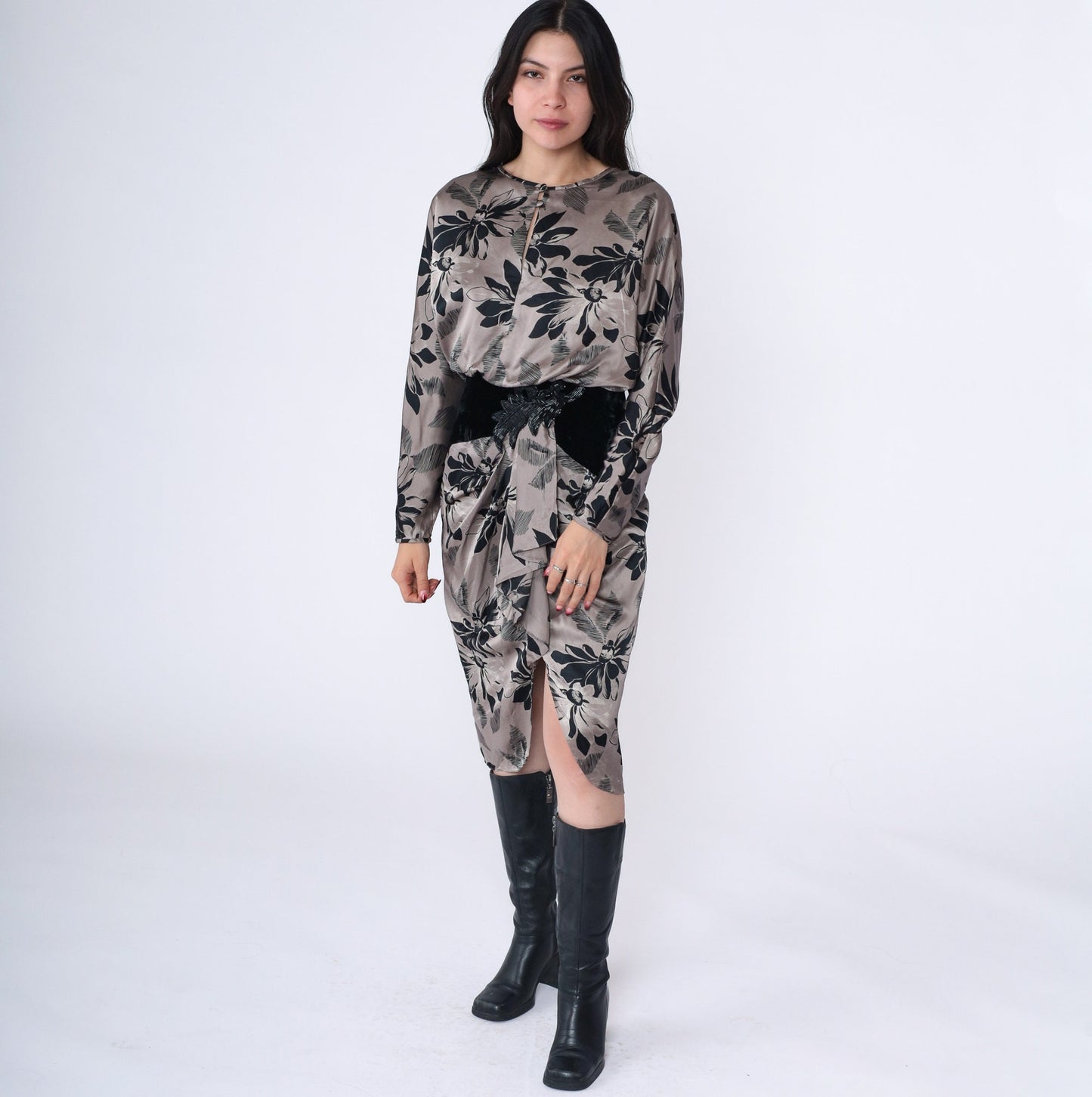 80s Silk Studio Floral Midi Dress Taupe Black Velvet Beaded Small 6
