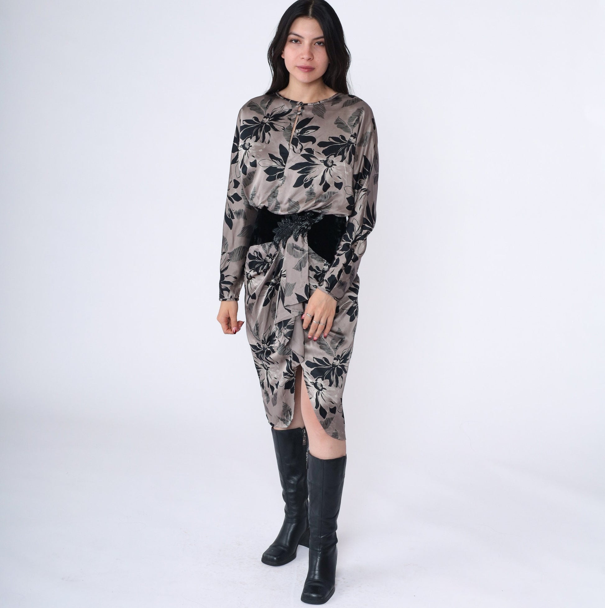 80s Silk Studio Floral Midi Dress Taupe Black Velvet Beaded Small 6