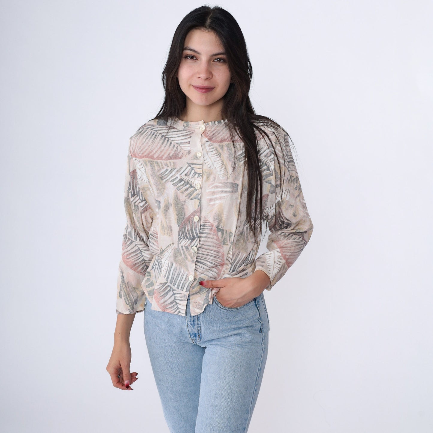 90s Melrose Leaf Print Blouse Beige Button Up 3/4 Sleeve Medium