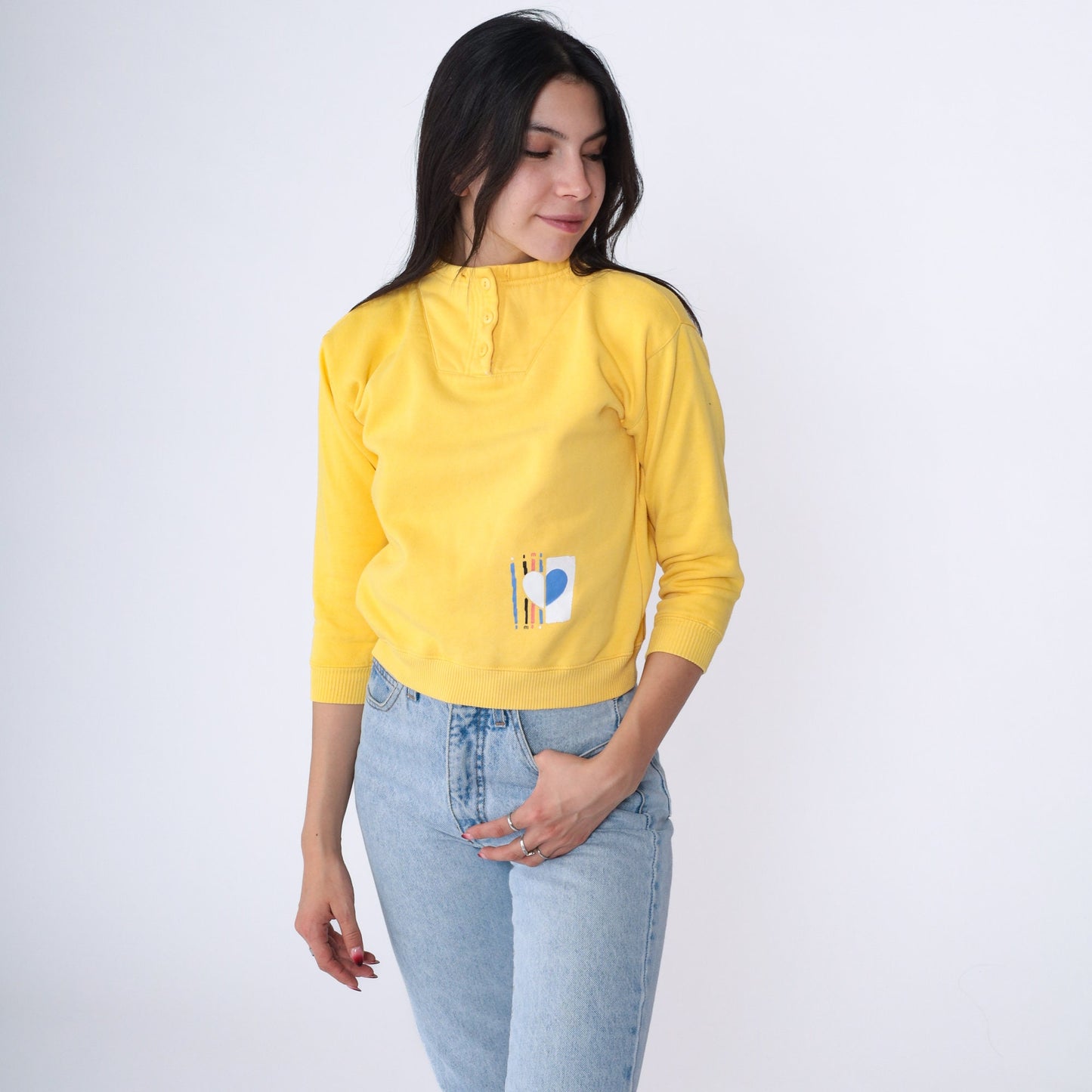 90s Yellow Heart Print Funnel Neck Sweatshirt Cropped Extra Small