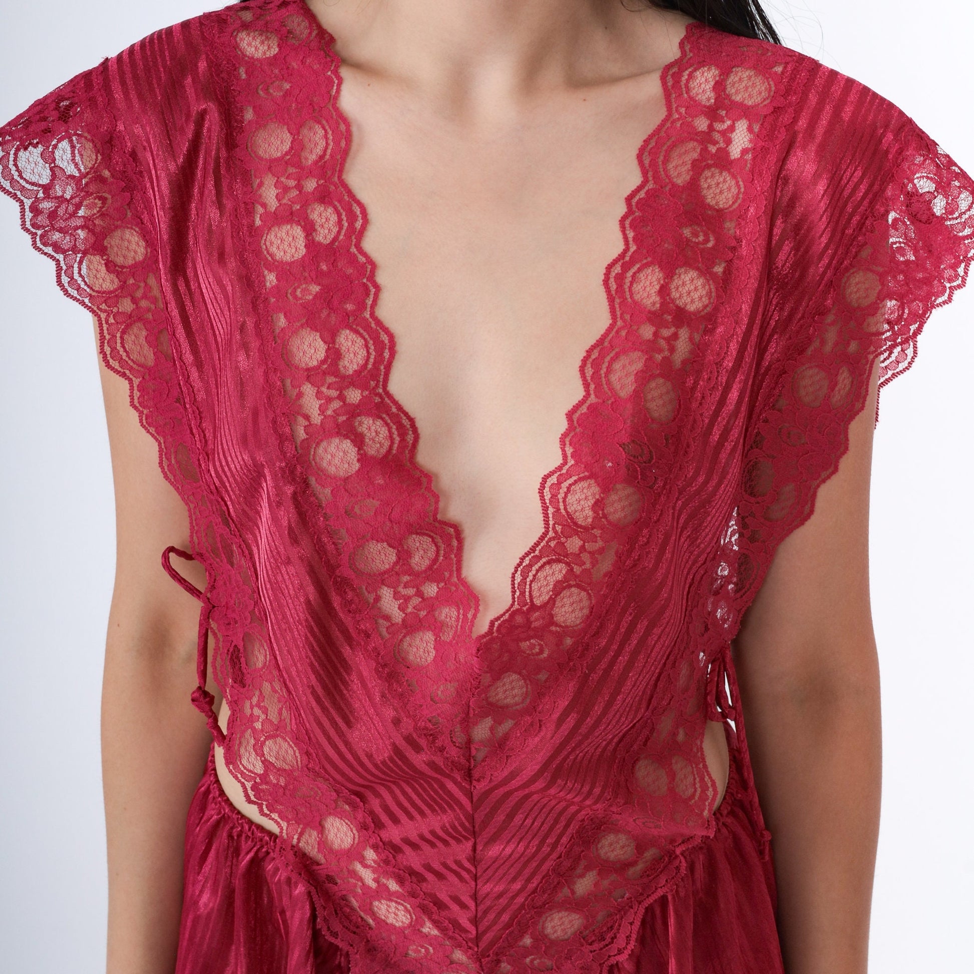 80s Raspberry Red Lace Teddy Lingerie Deep V Neck Bodysuit Extra Large XL