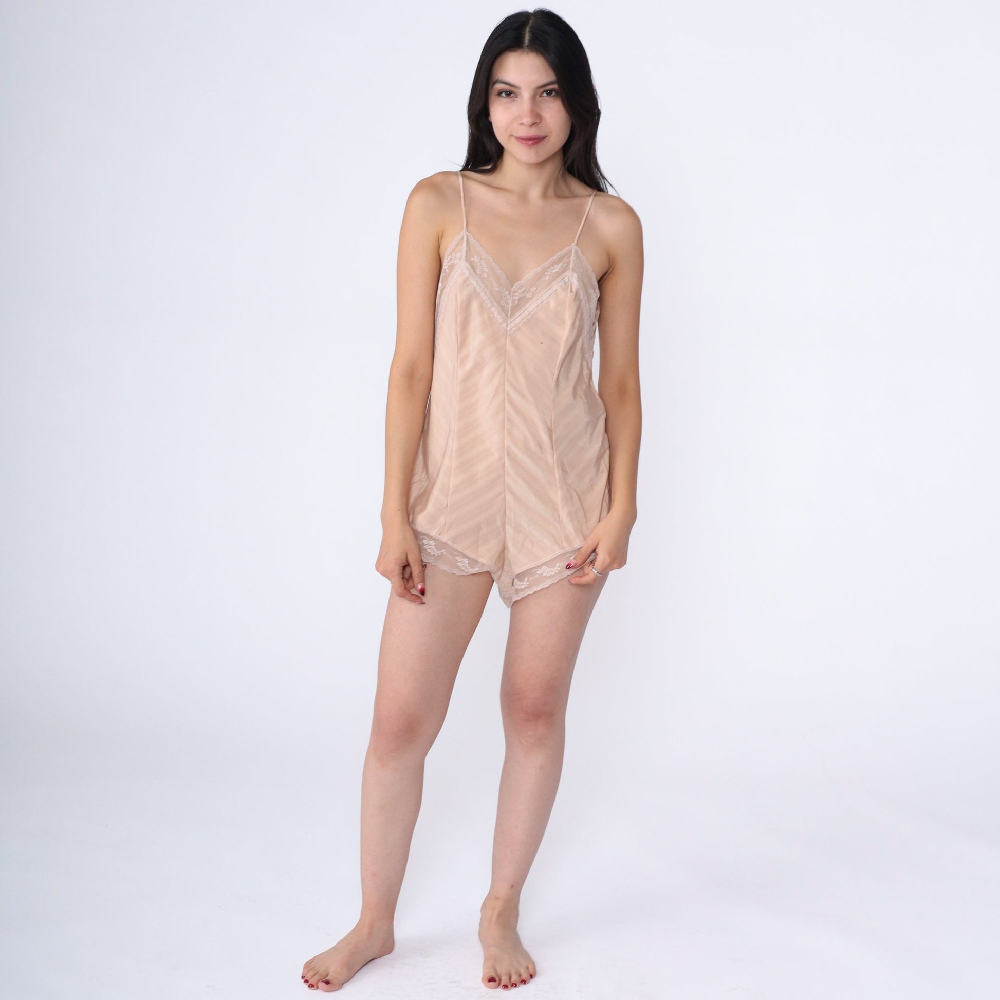 80s Yves Saint Laurent Beige Lace Teddy Bodysuit Spaghetti Strap Small