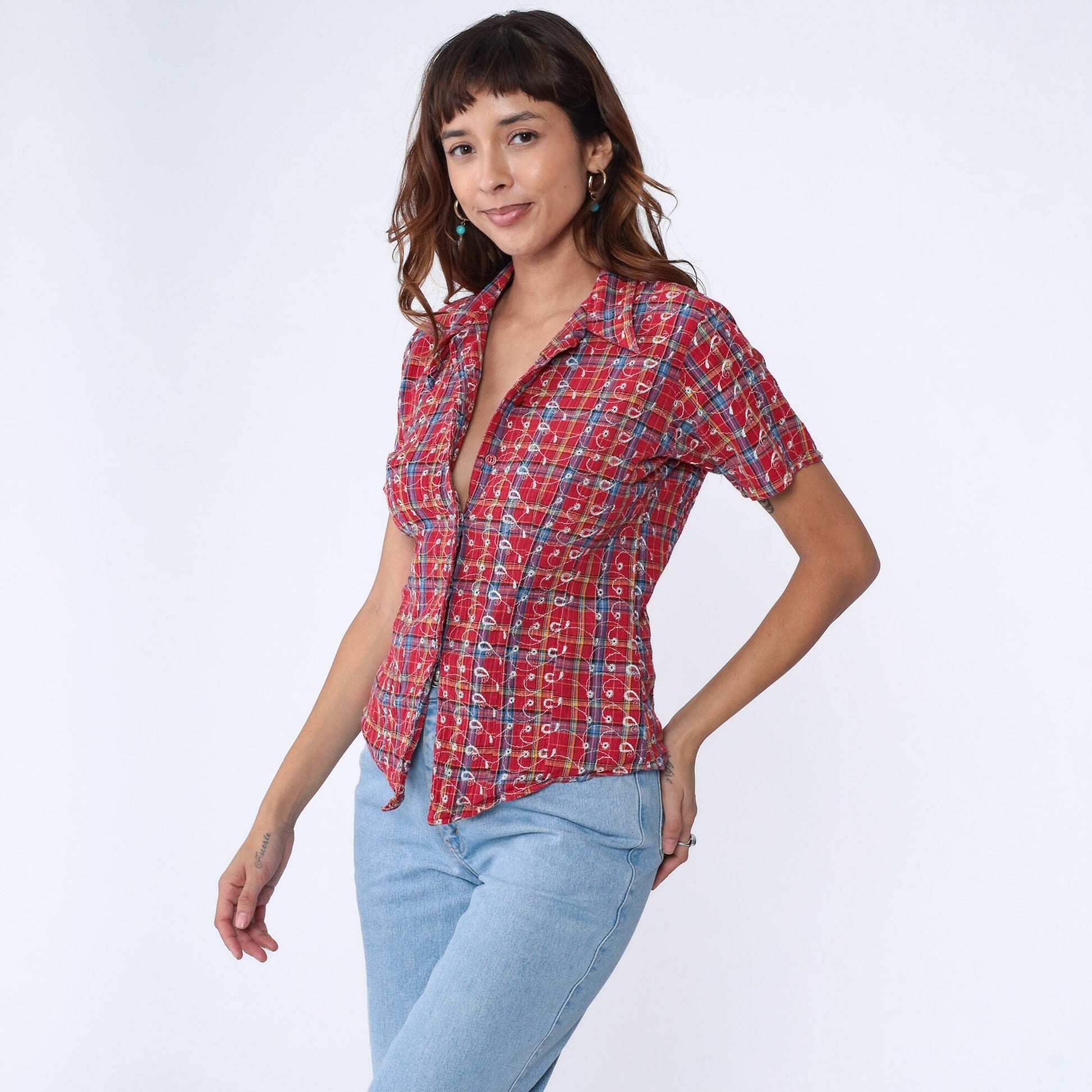 90s I Am Plaid Blouse Red Embroidered Button Up Shirt Short Sleeve Small