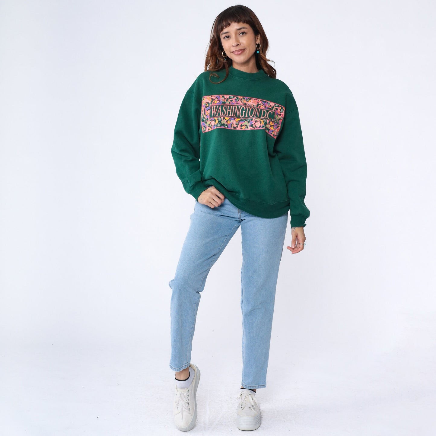 90s Washington DC Sparkly Sweatshirt Dark Green Glitter Spellout Crewneck Large