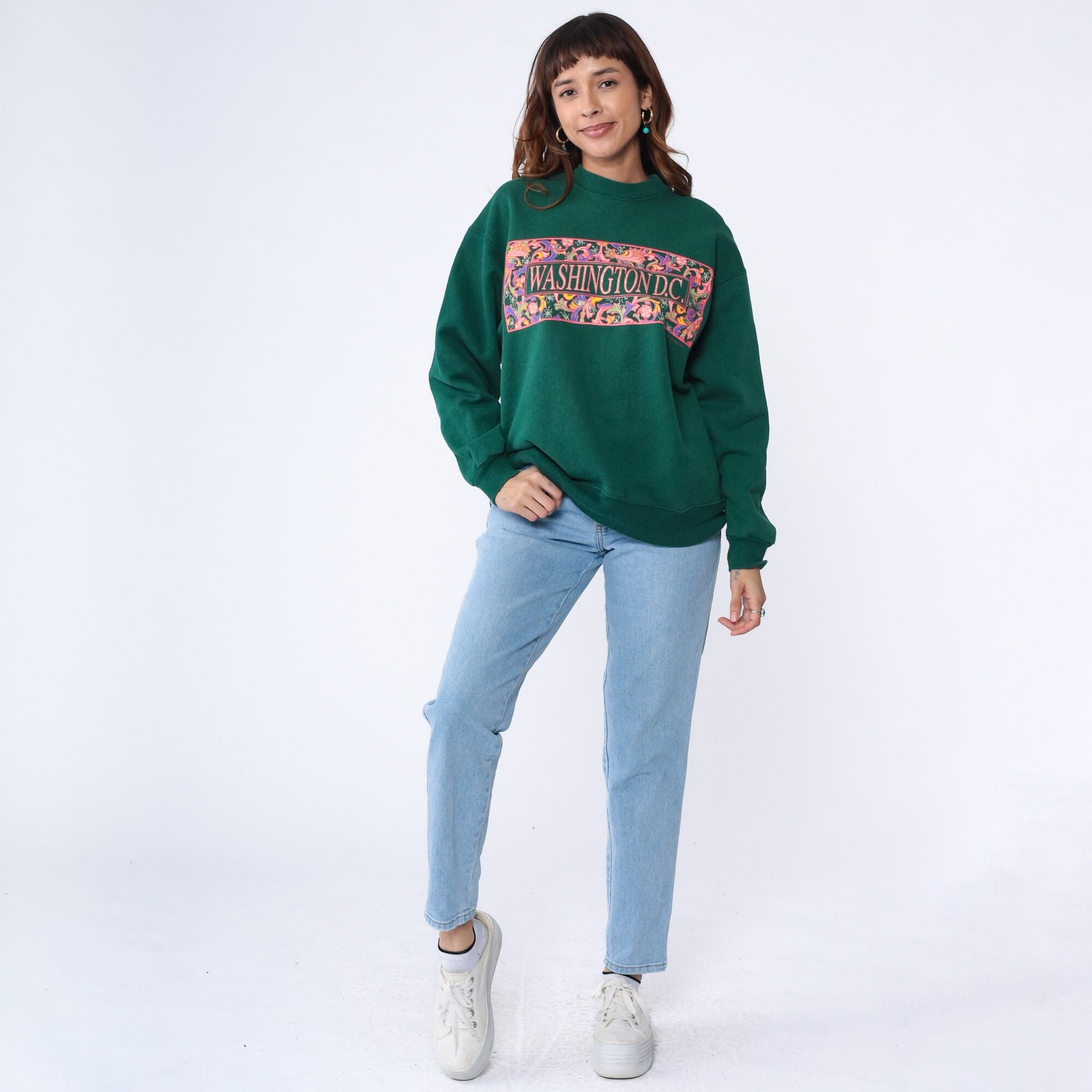90s Washington DC Sparkly Sweatshirt Dark Green Glitter Spellout Crewneck Large
