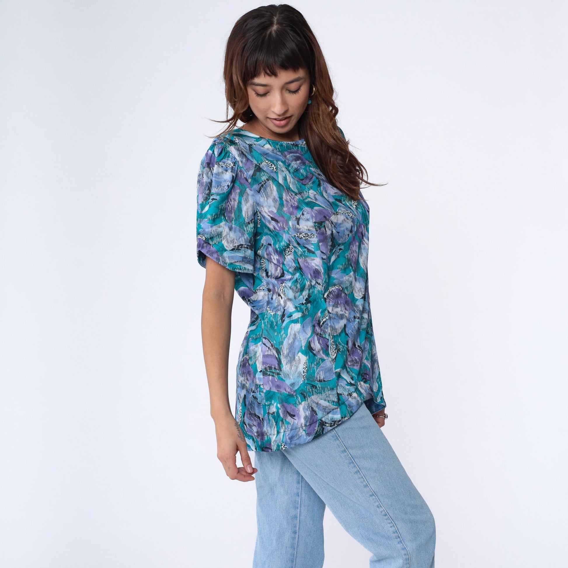 80s Abstract Floral Shirt Turquoise Purple Pocket Blouse Princess Seam Large L
