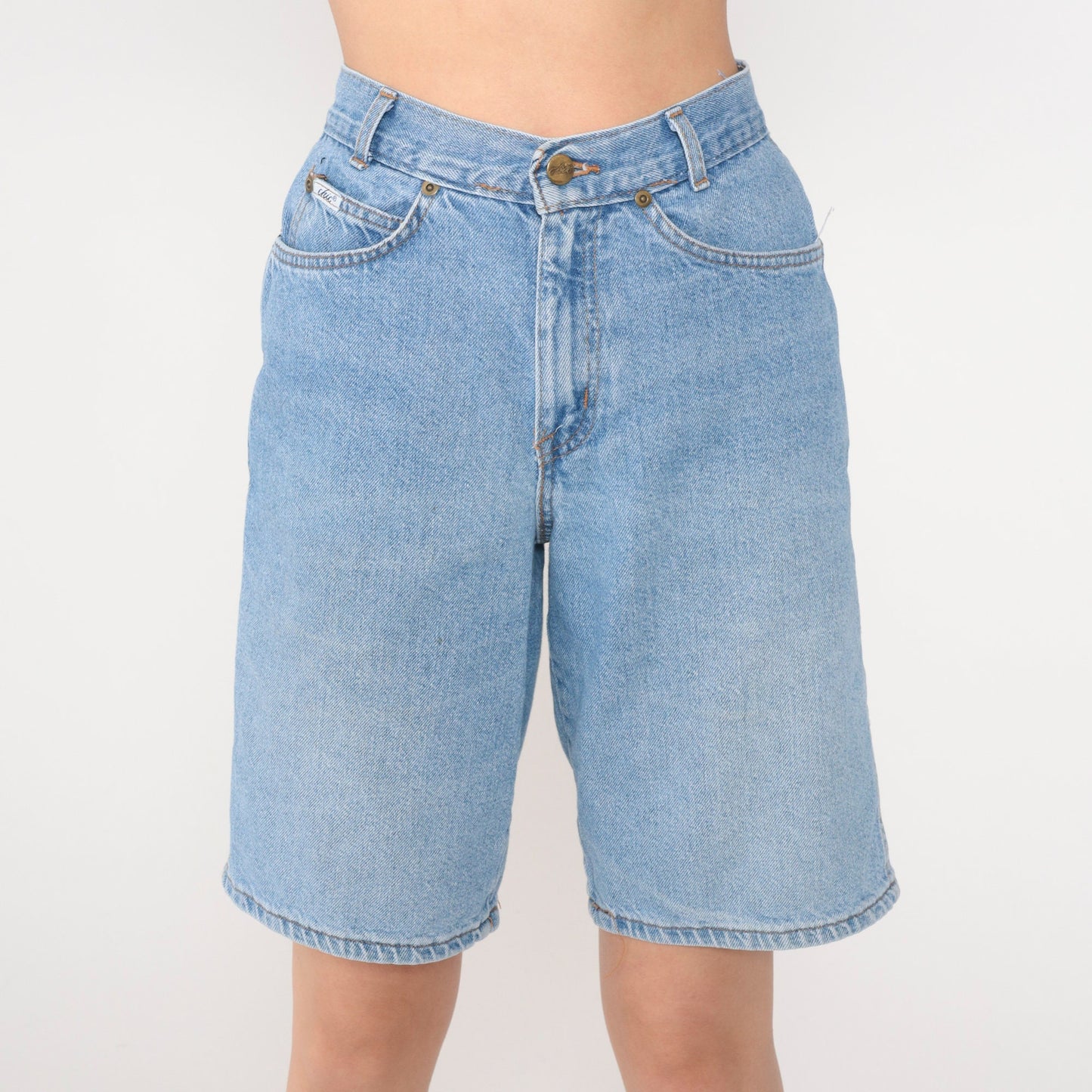 90s Blue Denim Bermuda Shorts High Rise Stone Wash Extra Small XS