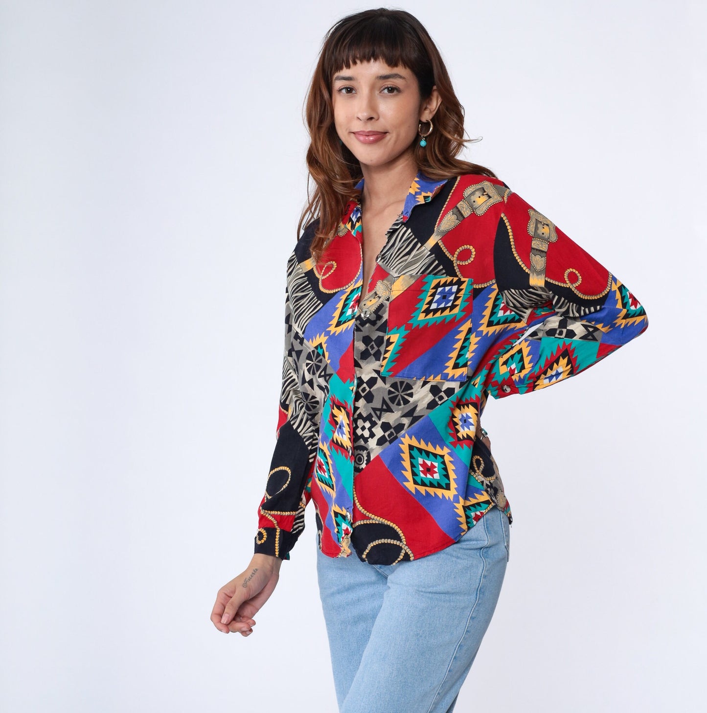 90s Western Plains Trading Co. Southwestern Button-Up Shirt Red Cotton Medium