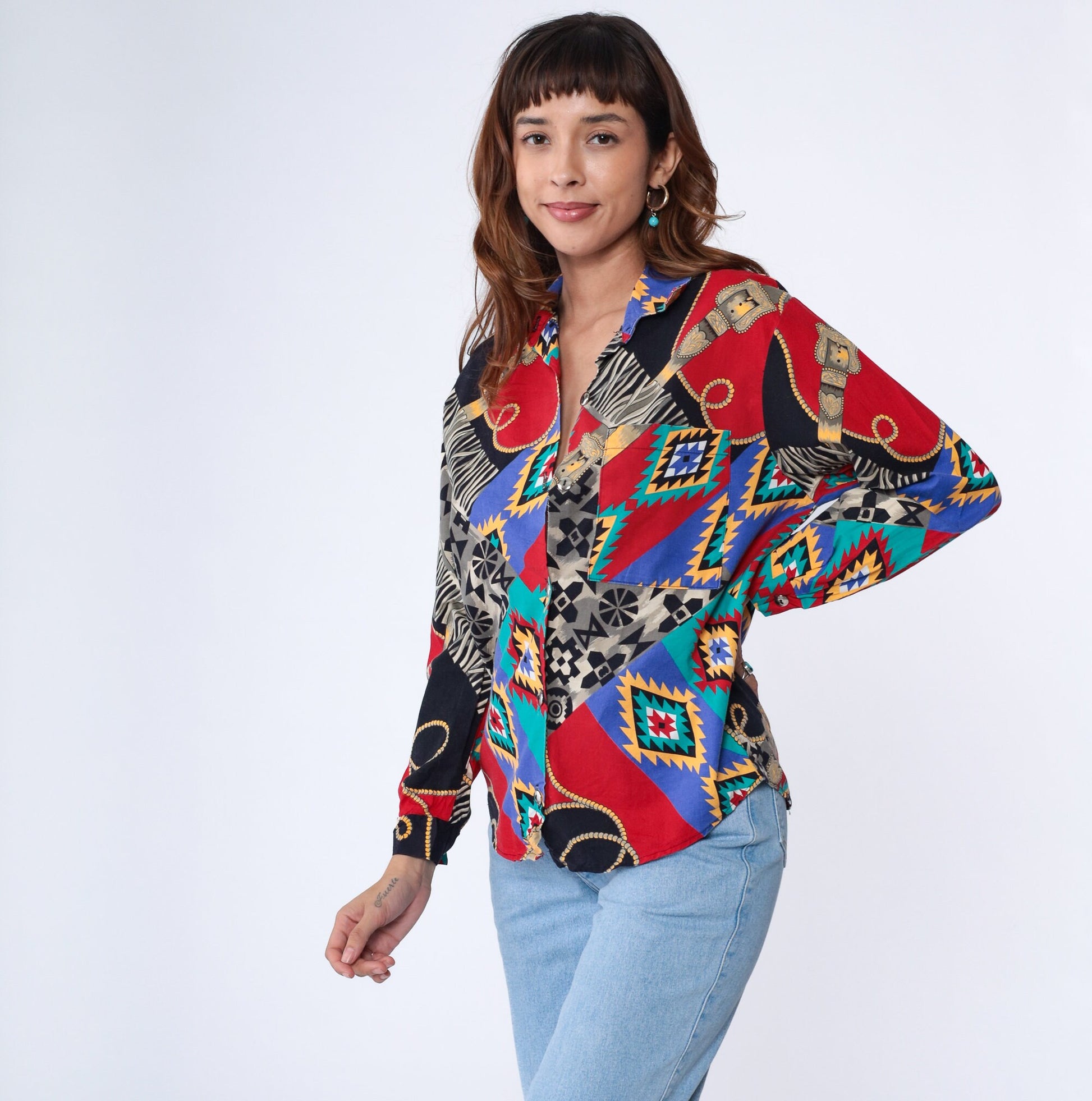 90s Western Plains Trading Co. Southwestern Button-Up Shirt Red Cotton Medium
