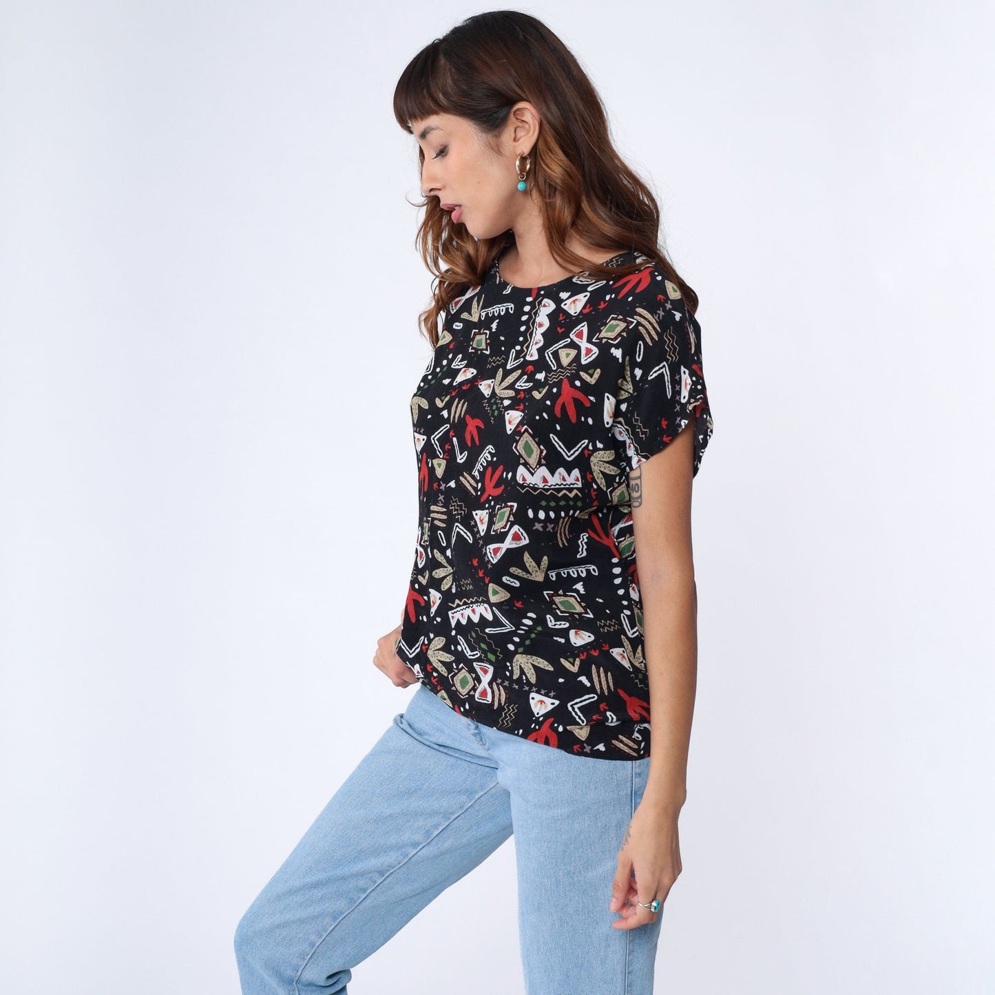 90s Black Saguaro Cactus All Over Print Shirt Southwest Geometric Large