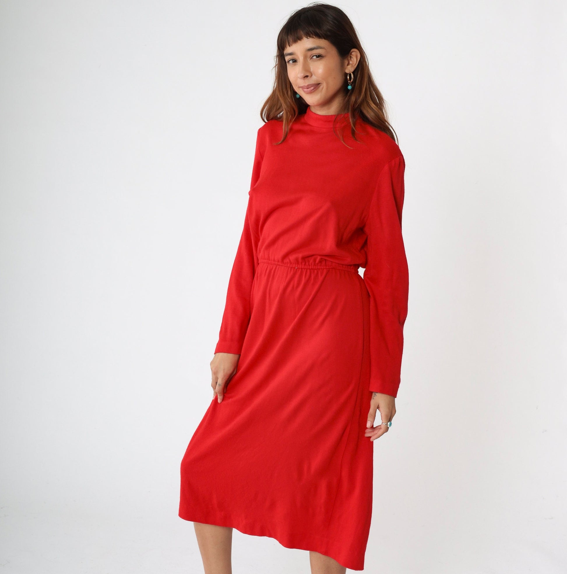 80s Red Mock Neck Midi Dress Long Sleeve Elastic Waist Medium