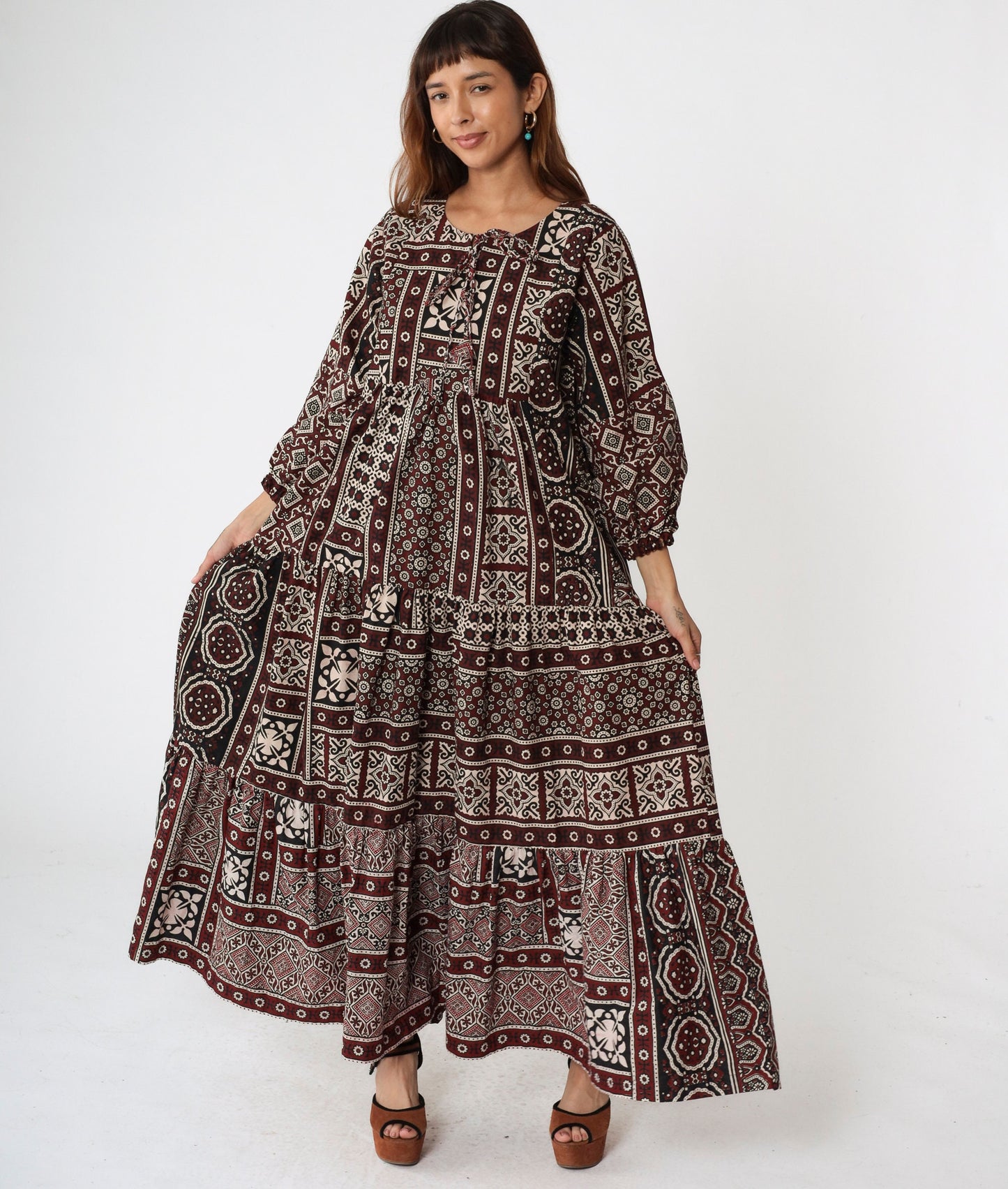 80s Burgundy Geometric Print Maxi Dress Tiered Skirt Keyhole Tie Neck Medium