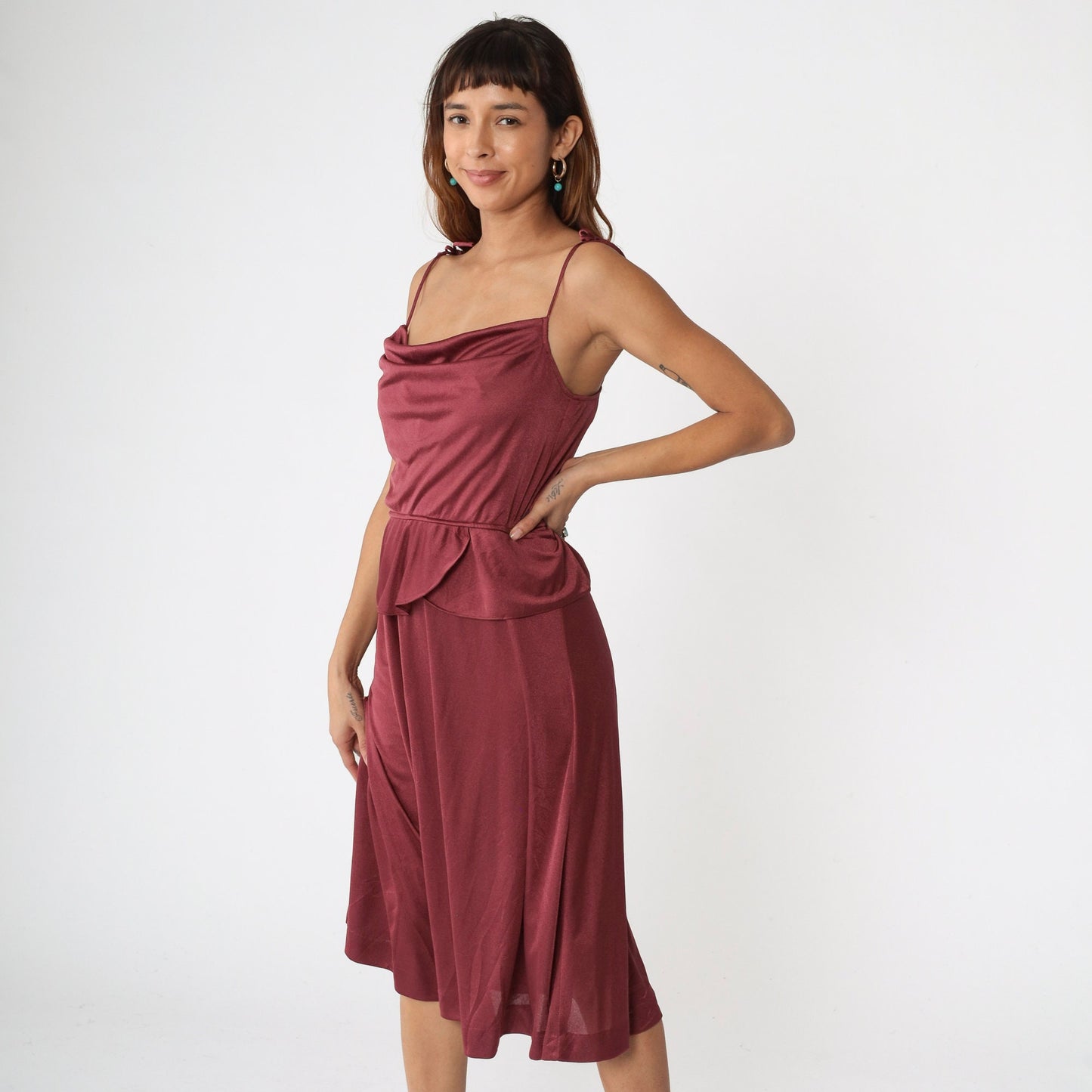 70s Burgundy Midi Dress High Waist Peplum Spaghetti Strap Small