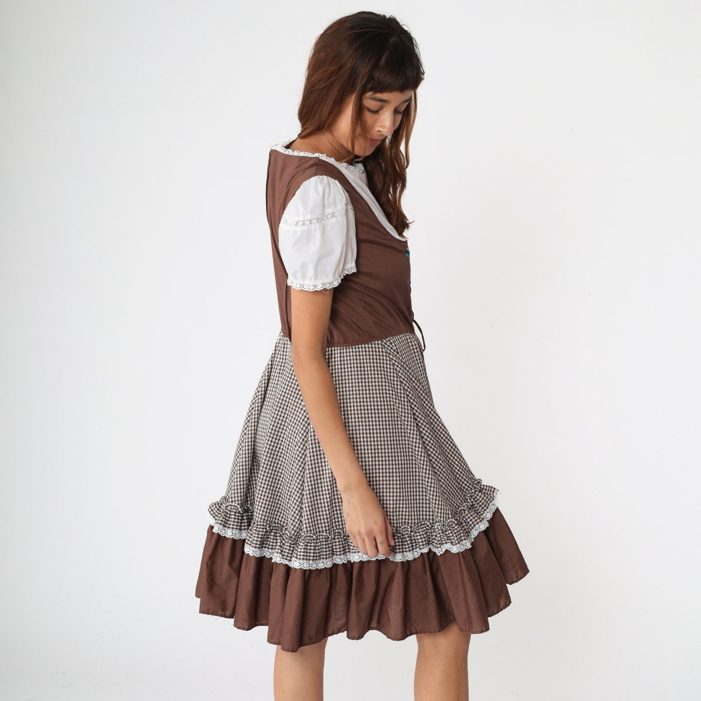 1960s Brown Gingham Midi Dress Puff Sleeve Lace-Up Corset Waist Large