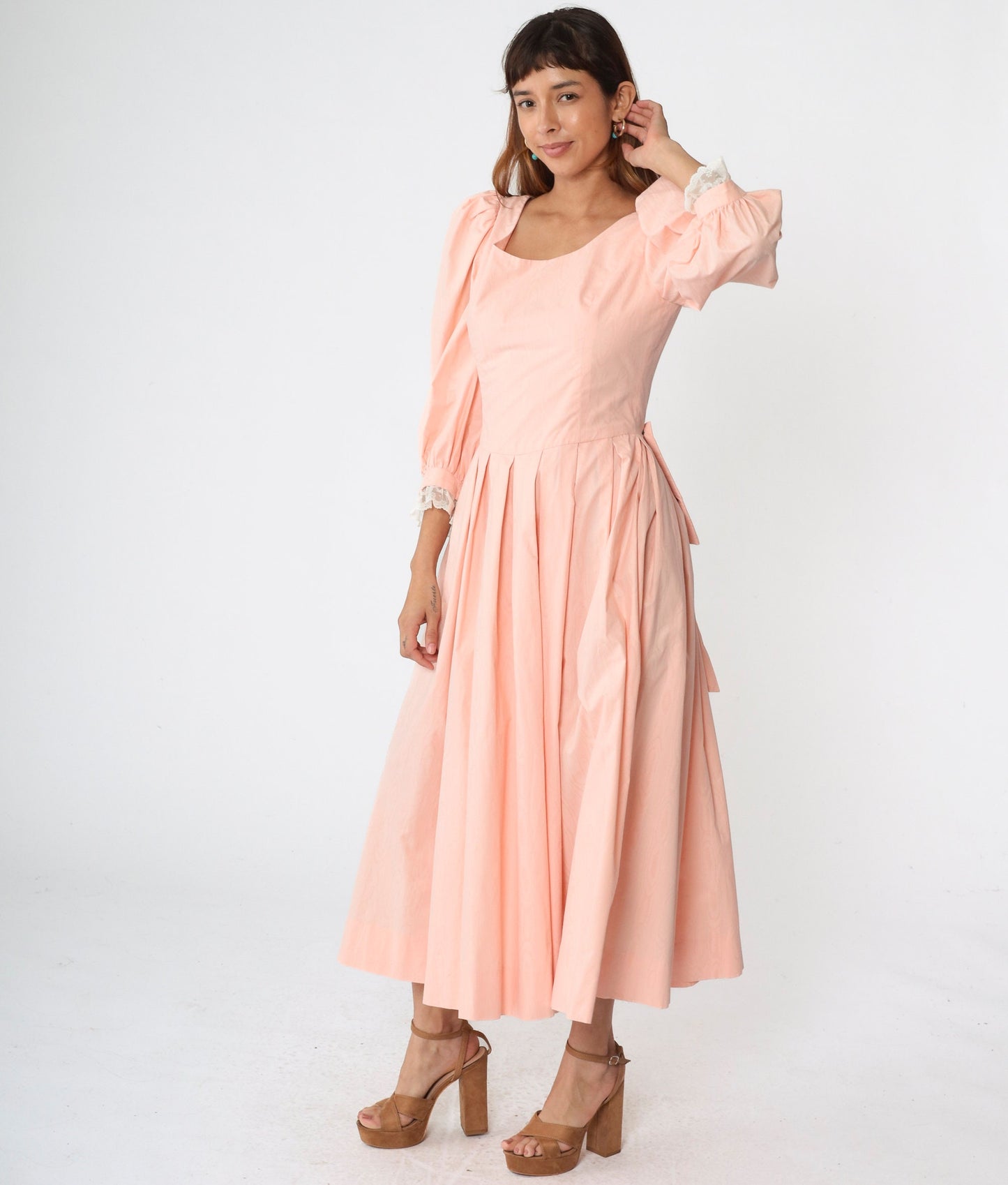 80s Baby Pink Puff Sleeve Midi Dress Lace Trim Pleated Scoop Back Small