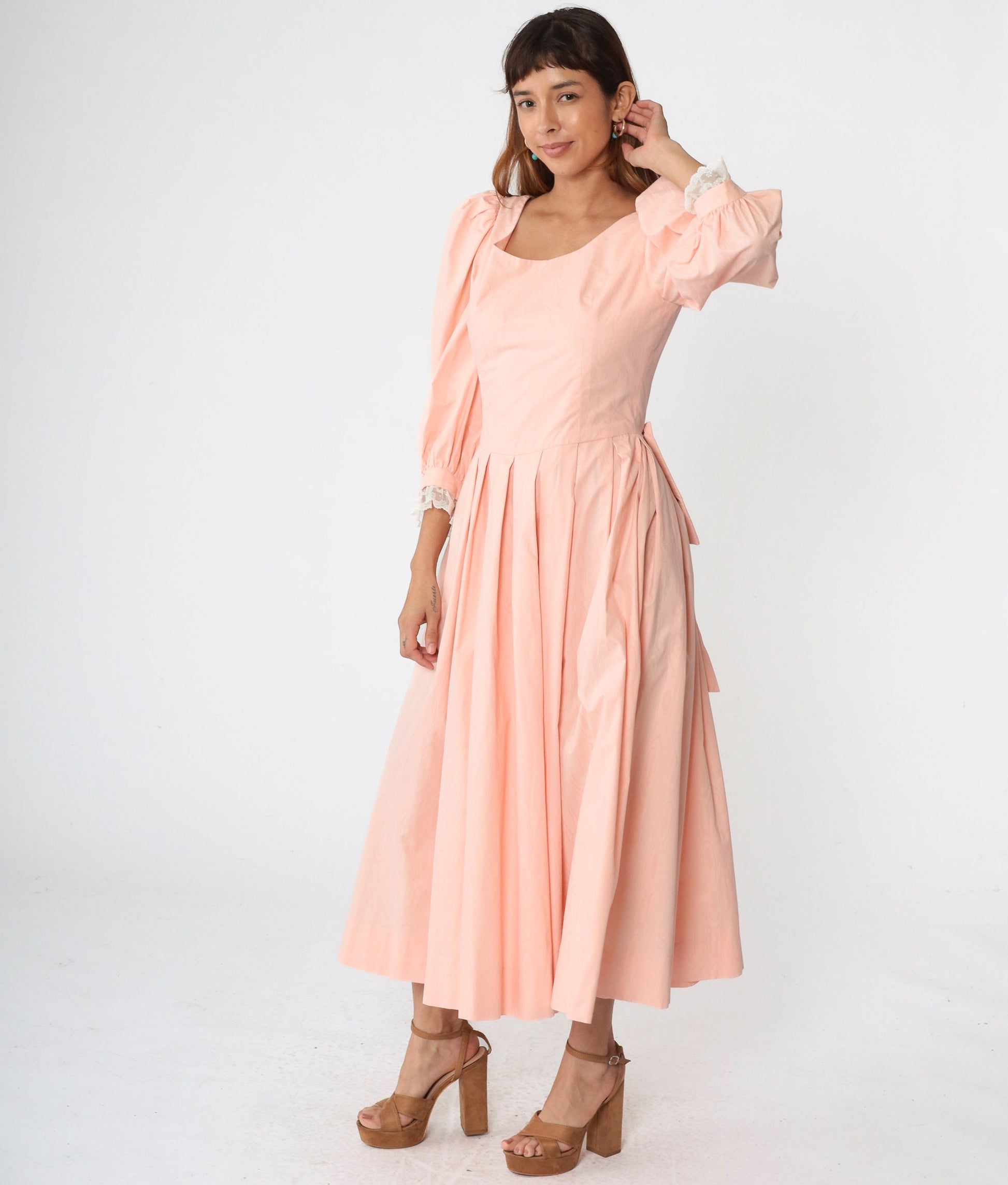 80s Baby Pink Puff Sleeve Midi Dress Lace Trim Pleated Scoop Back Small