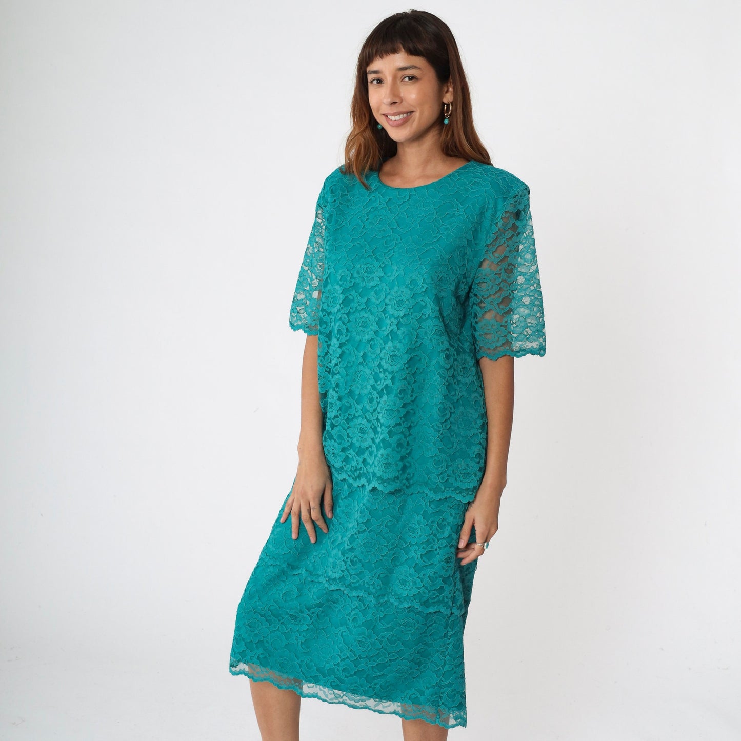 90s Teal Lace Midi Dress Short Sleeve Shift Sheath Green Vintage Medium