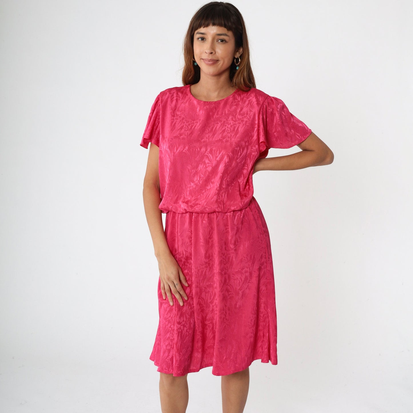 1970s Hot Pink Floral Embossed Midi Dress Flutter Sleeve High Waist Medium