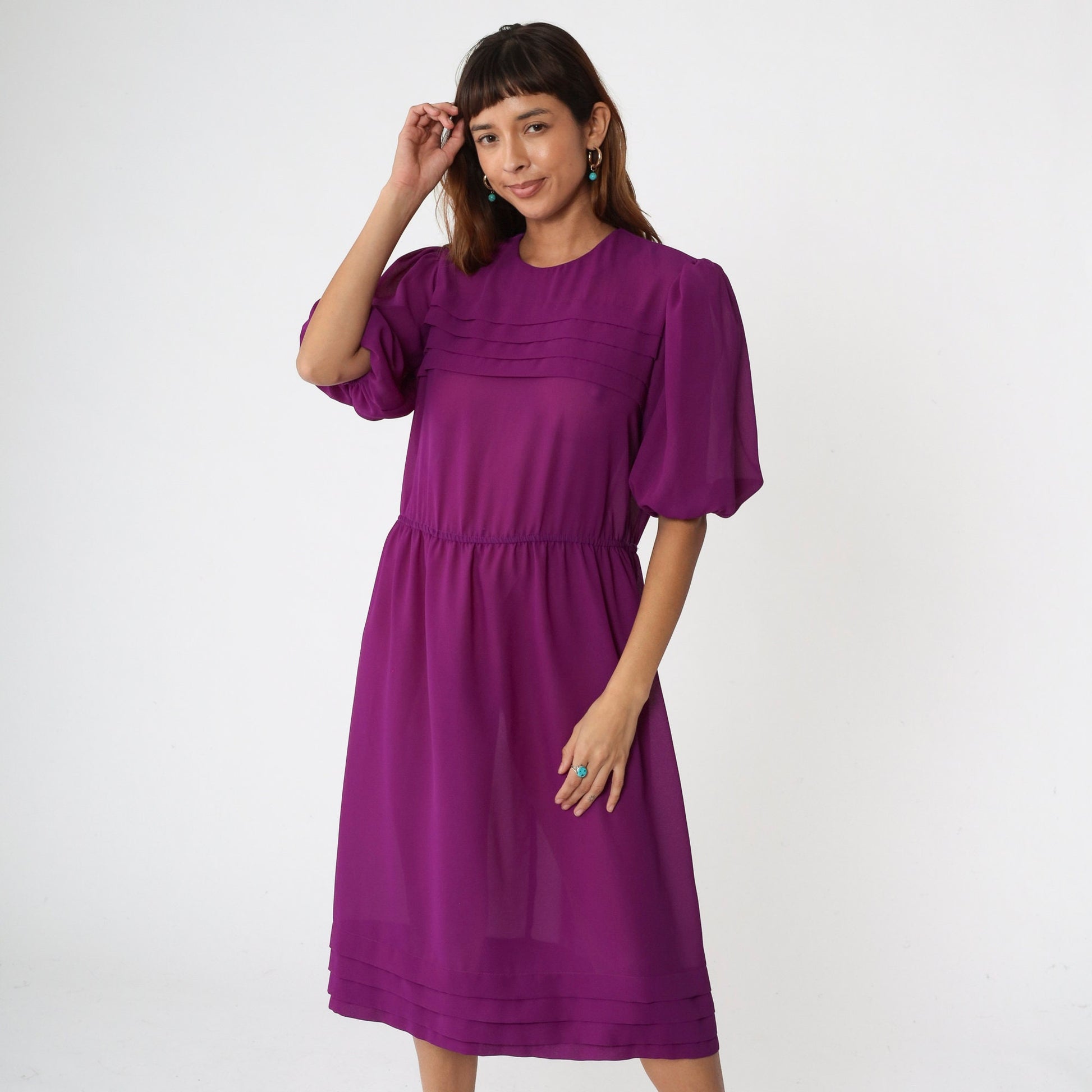 80s Purple Sheer Midi Dress Puff Sleeve Pleated High Waist Keyhole Medium Large