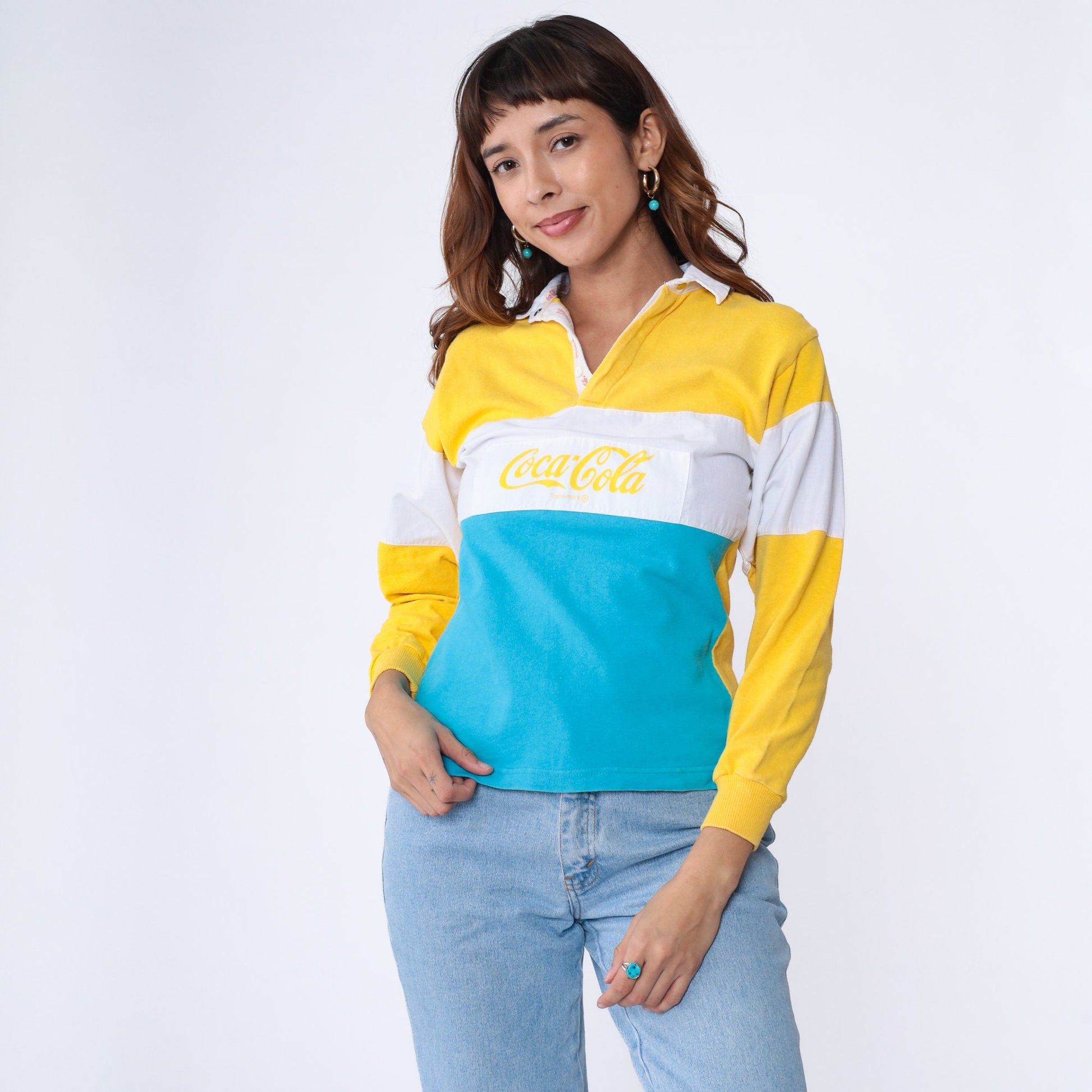 90s Coca-Cola Colour Block Polo Long Sleeve Graphic Tee White Blue Yellow Extra Small