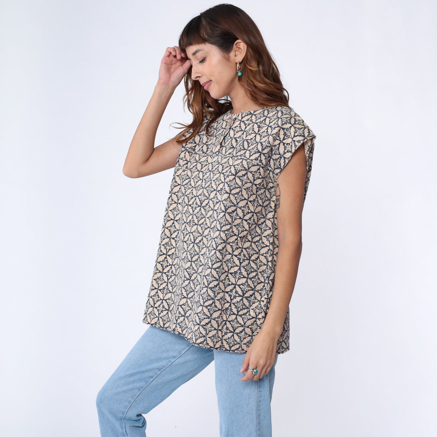 90s Geometric Abstract Button Up Shirt Navy Tunic Top Medium Large