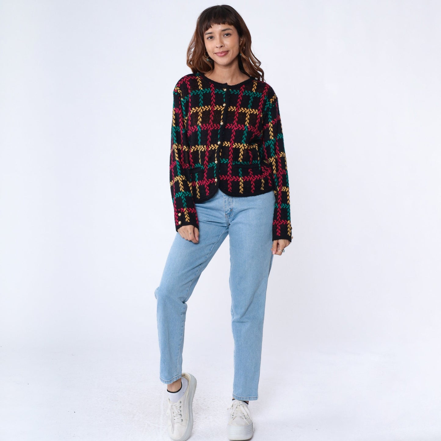 90s Checkered Cardigan Sweater Black Red Green Yellow Gold Button Small