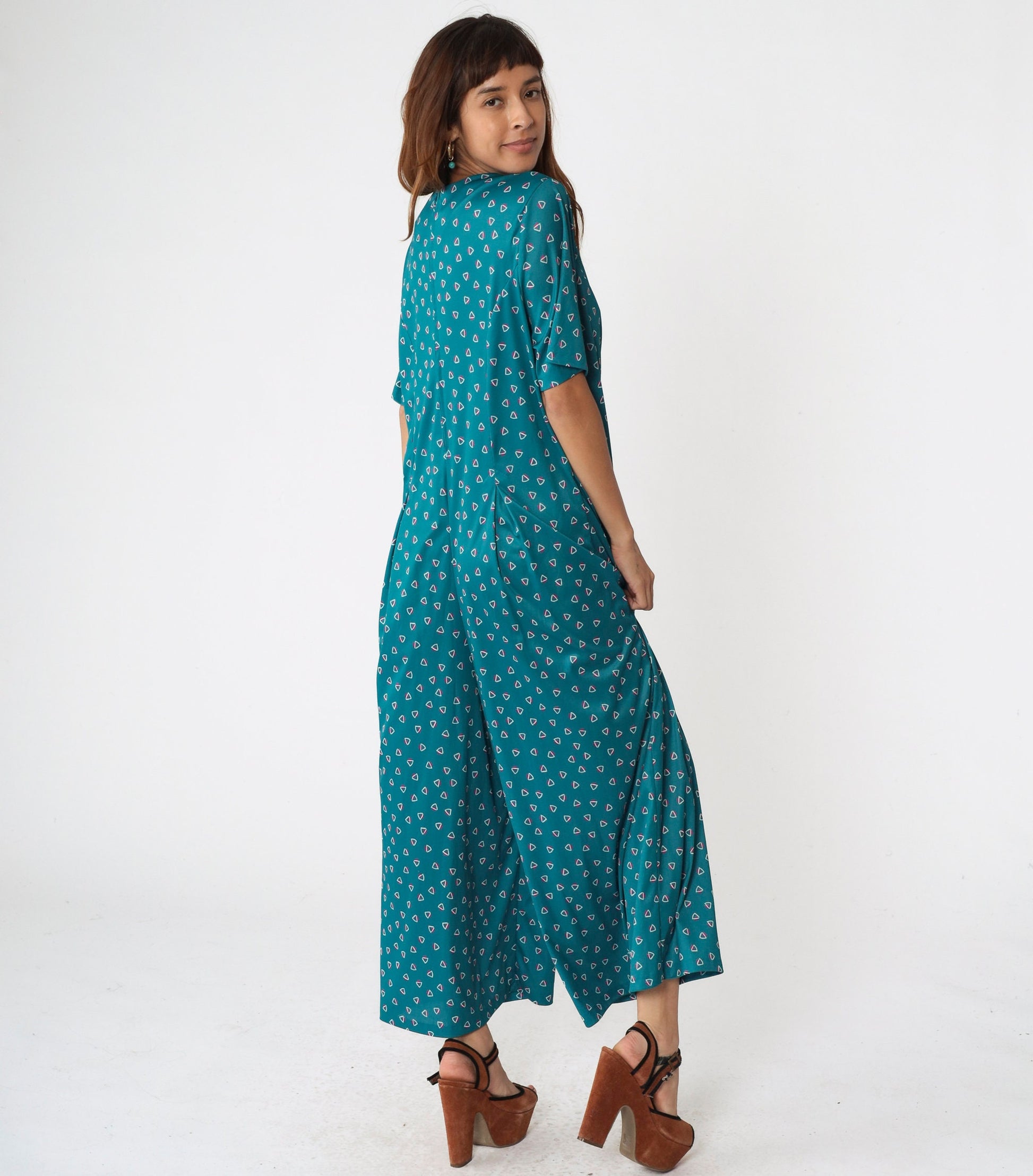 90s Lane Bryant Teal Geometric Wide Leg Jumpsuit Scoop Neck Large XL