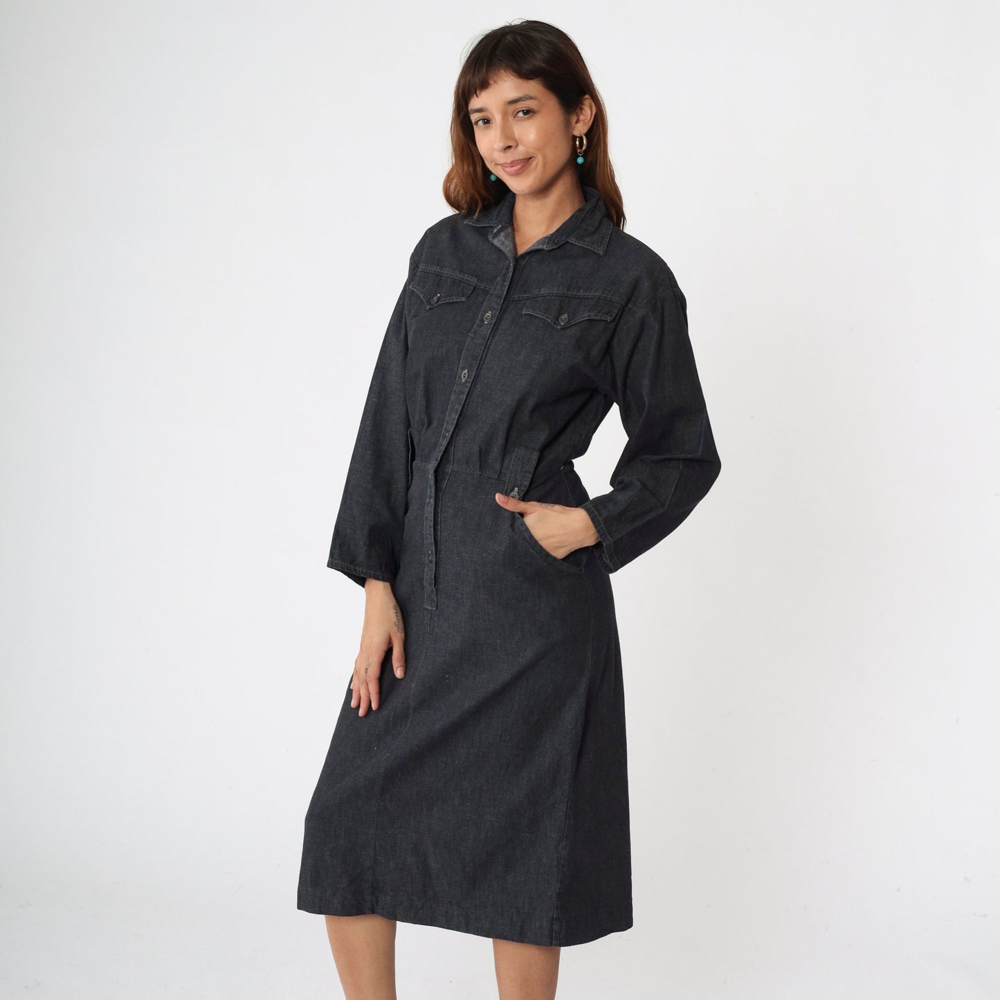 90s Panhandle Slim Black Denim Shirtdress High Waist Midi Button Up Medium