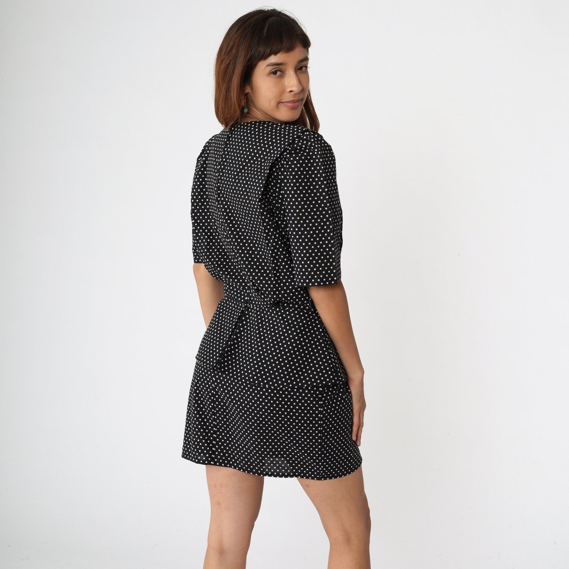 80s Black Polka Dot Peplum Mini Dress Puff Sleeve Lace Trim Medium