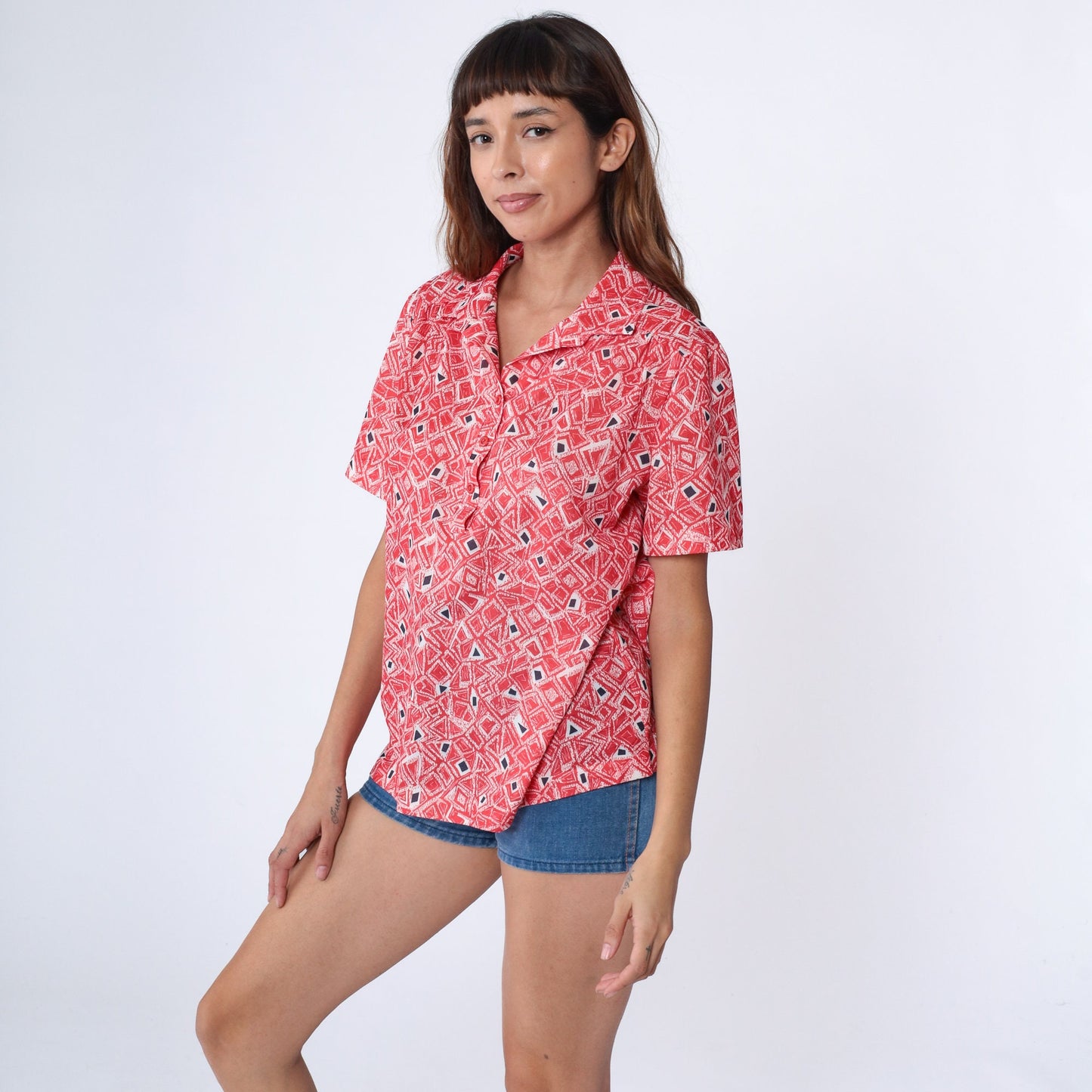 70s Geometric Print Collared Blouse Red White Psychedelic Shirt Extra Large