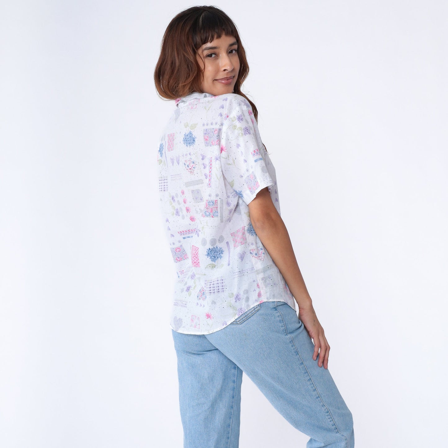 90s White Floral Heart Print Button-Up Blouse Short Sleeve Large L