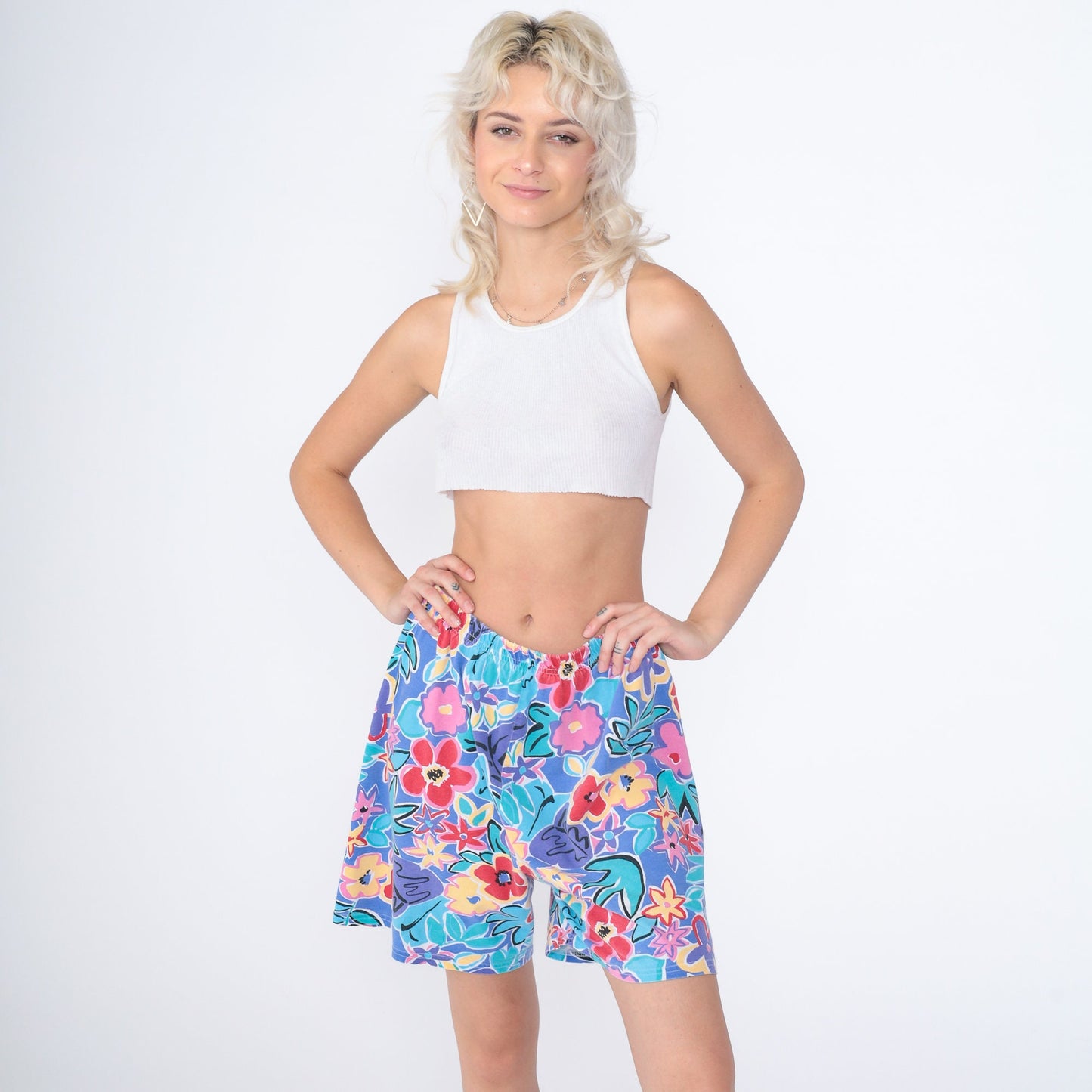 90s Tropical Floral High-Waist Wide-Leg Shorts Purple Blue Medium