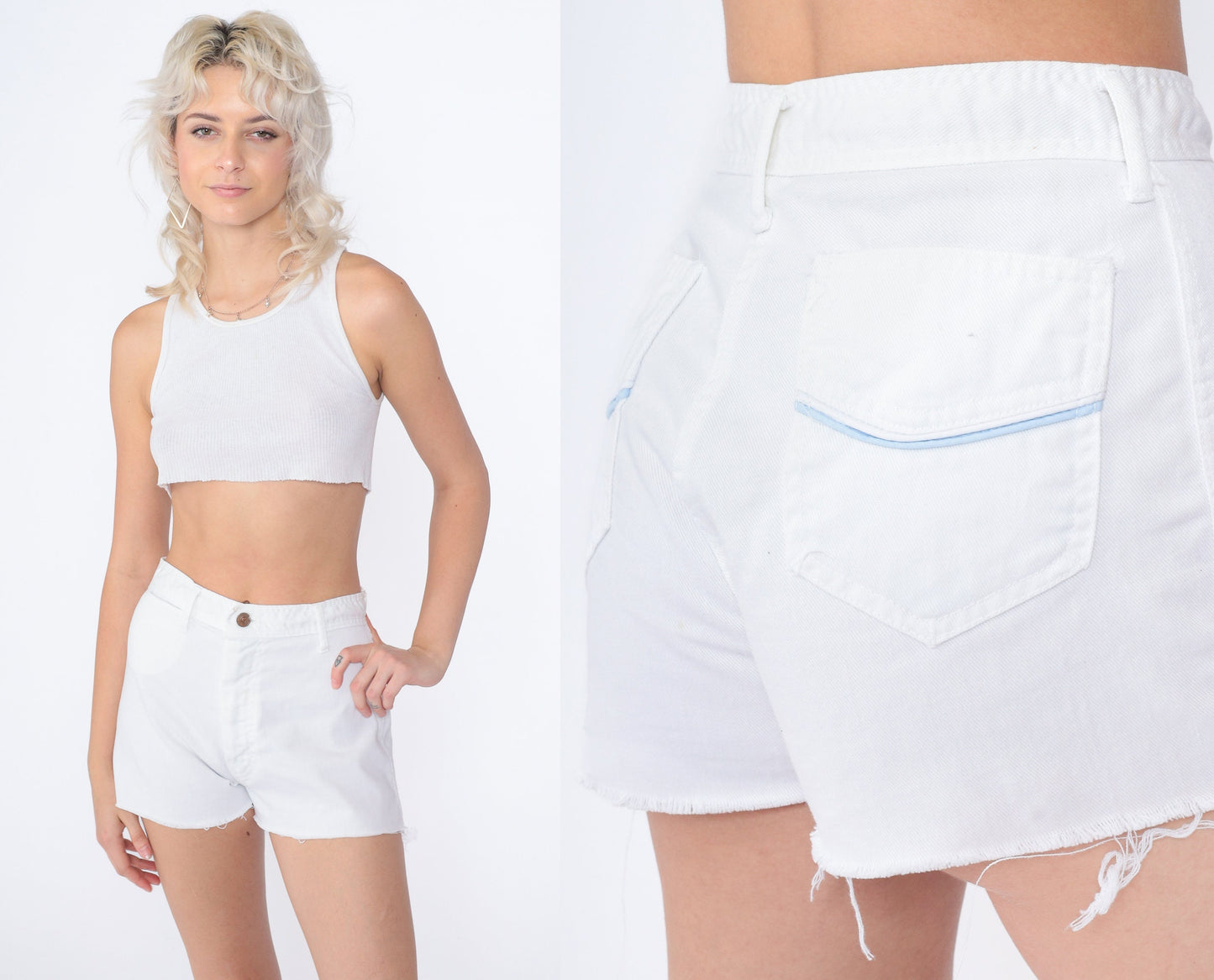 70s White Denim Cutoff Shorts Mid Rise Blue Trim Small S