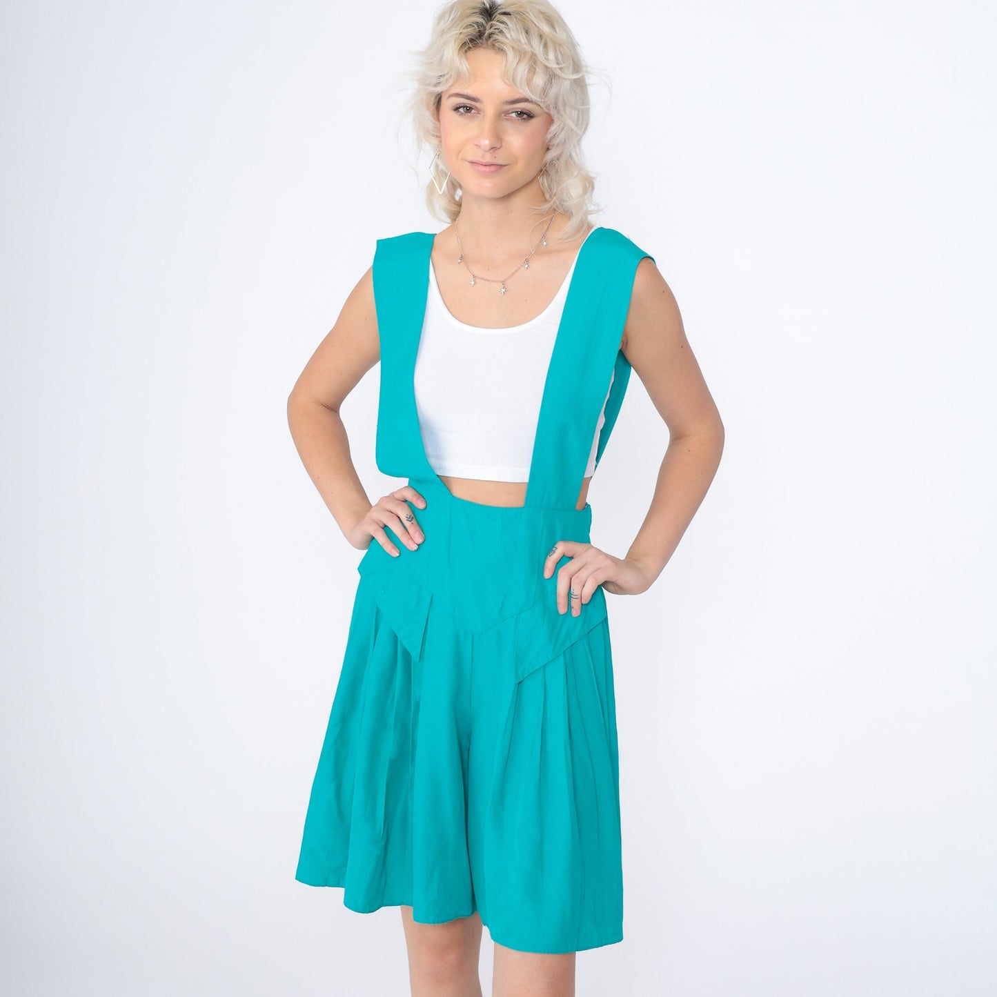 90s Turquoise Overall Shorts Pleated Suspender Straps Wide Leg Small S