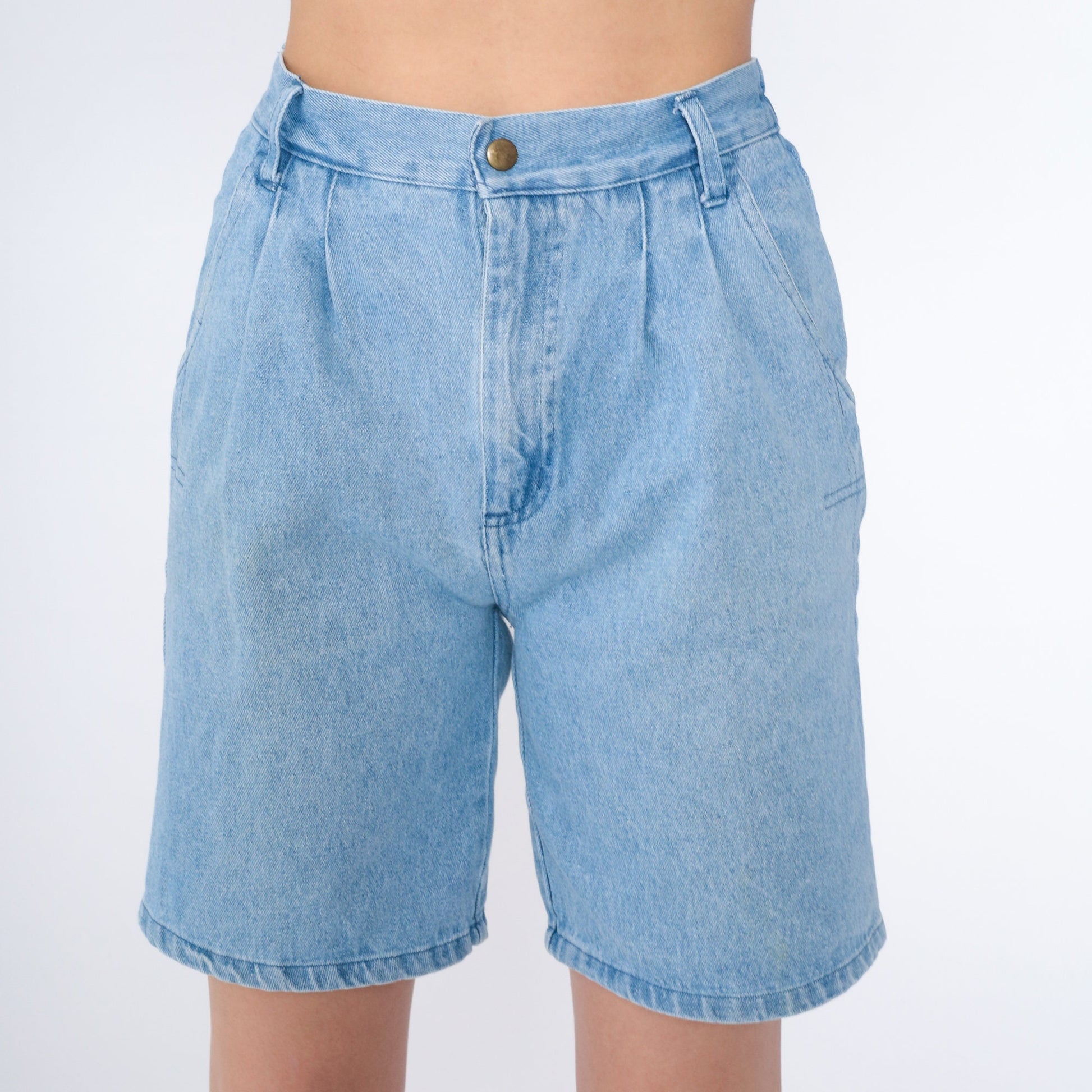 80s Apparatus Pleated Denim Shorts High Waist Knee Length Blue Small