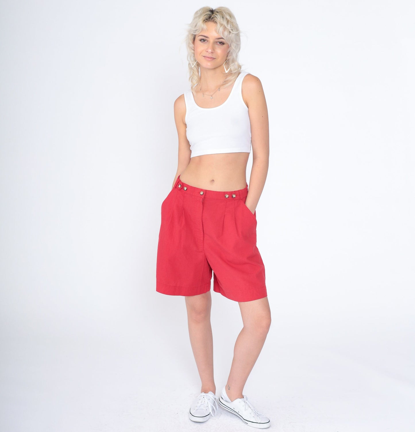 90s Red Pleated High-Waisted Shorts Wide Leg Trouser Karen Scott Medium