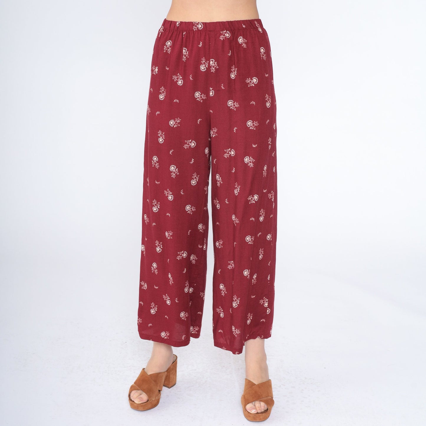 90s All That Jazz Red Floral High-Waist Cropped Pants Small S