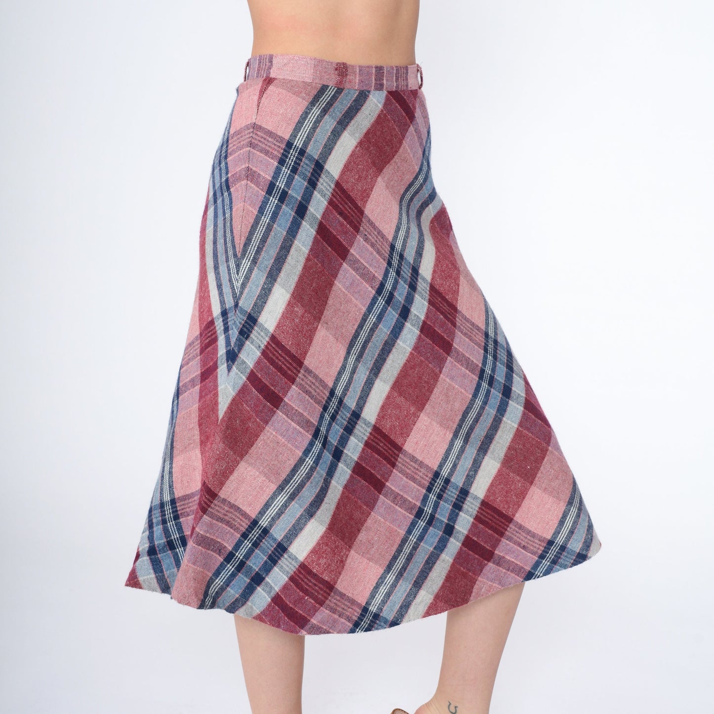 80s Plaid Midi Skirt High Waist A-Line Pink Red Blue Tartan Extra Small XS