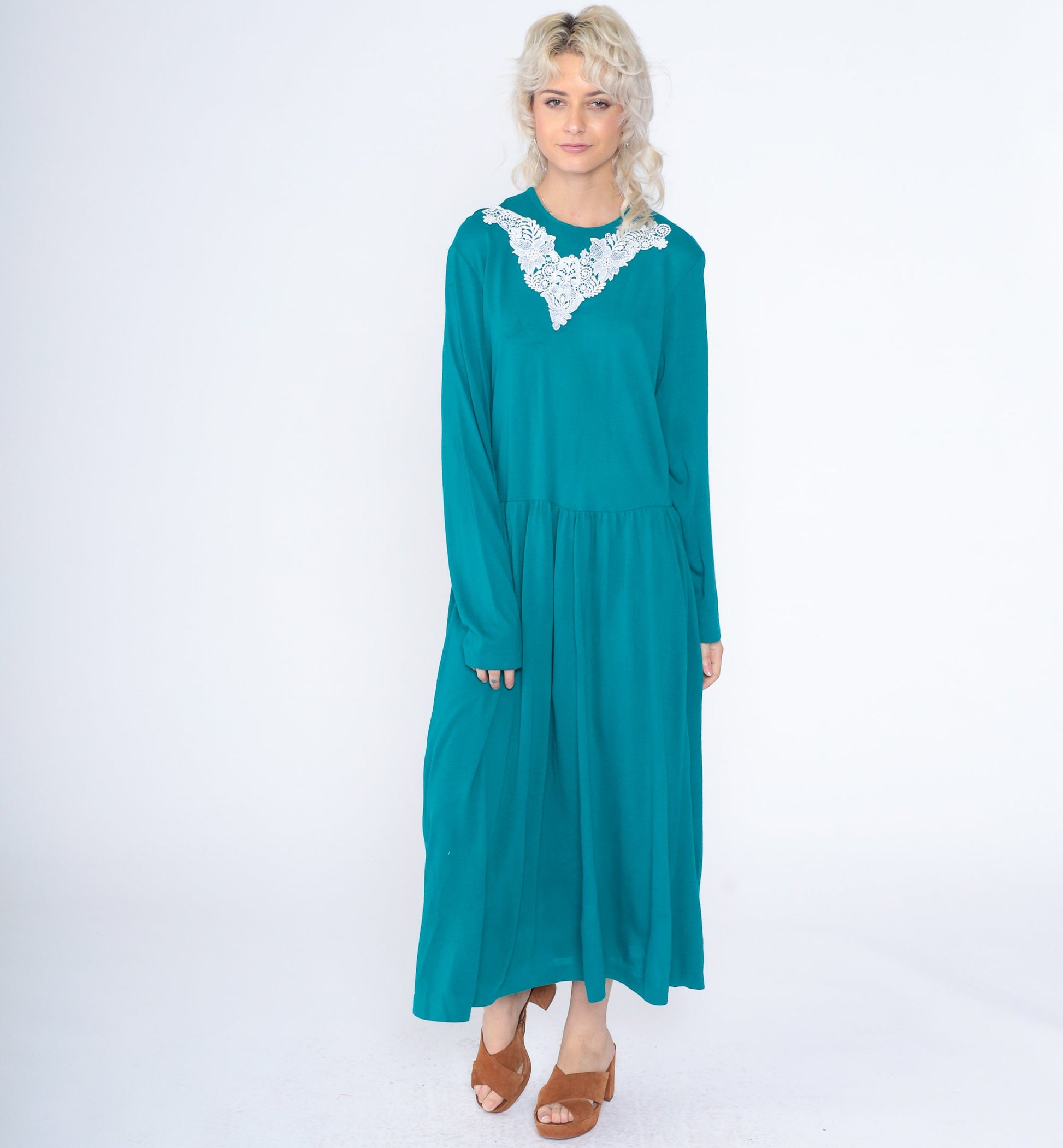 90s Teal Floral Lace Applique Maxi Dress Long Sleeve Low Waist Ankle Length Extra Large