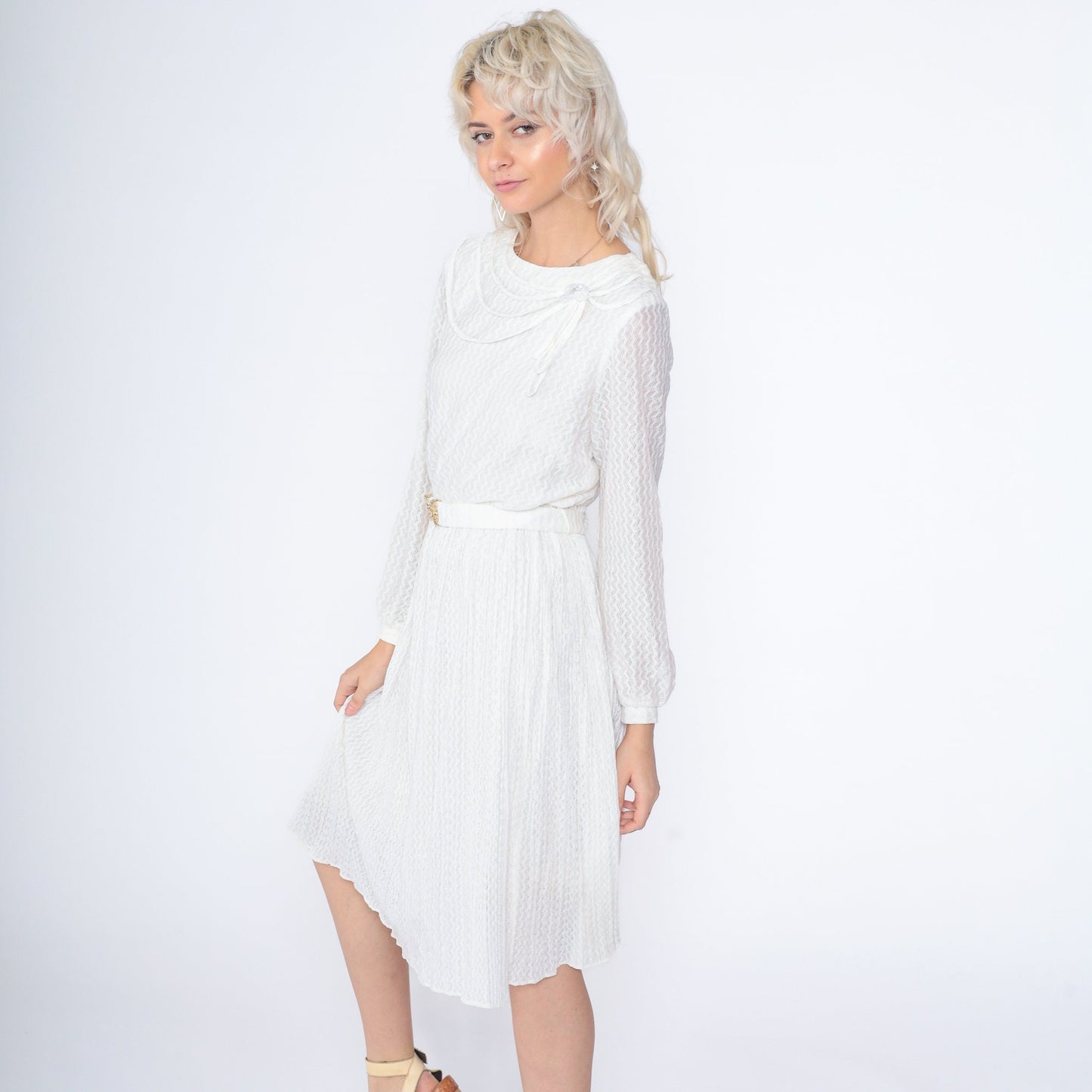 80s White Lace Midi Dress High Waisted Long Sleeve Gold Belt Small